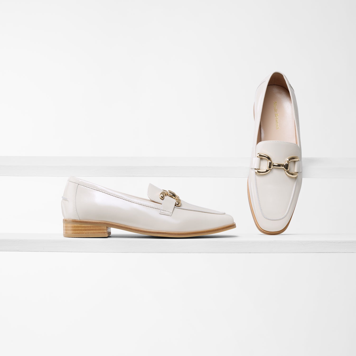 Alisa ivory oiled leather loafer with tan stacked leather heel from all sides
