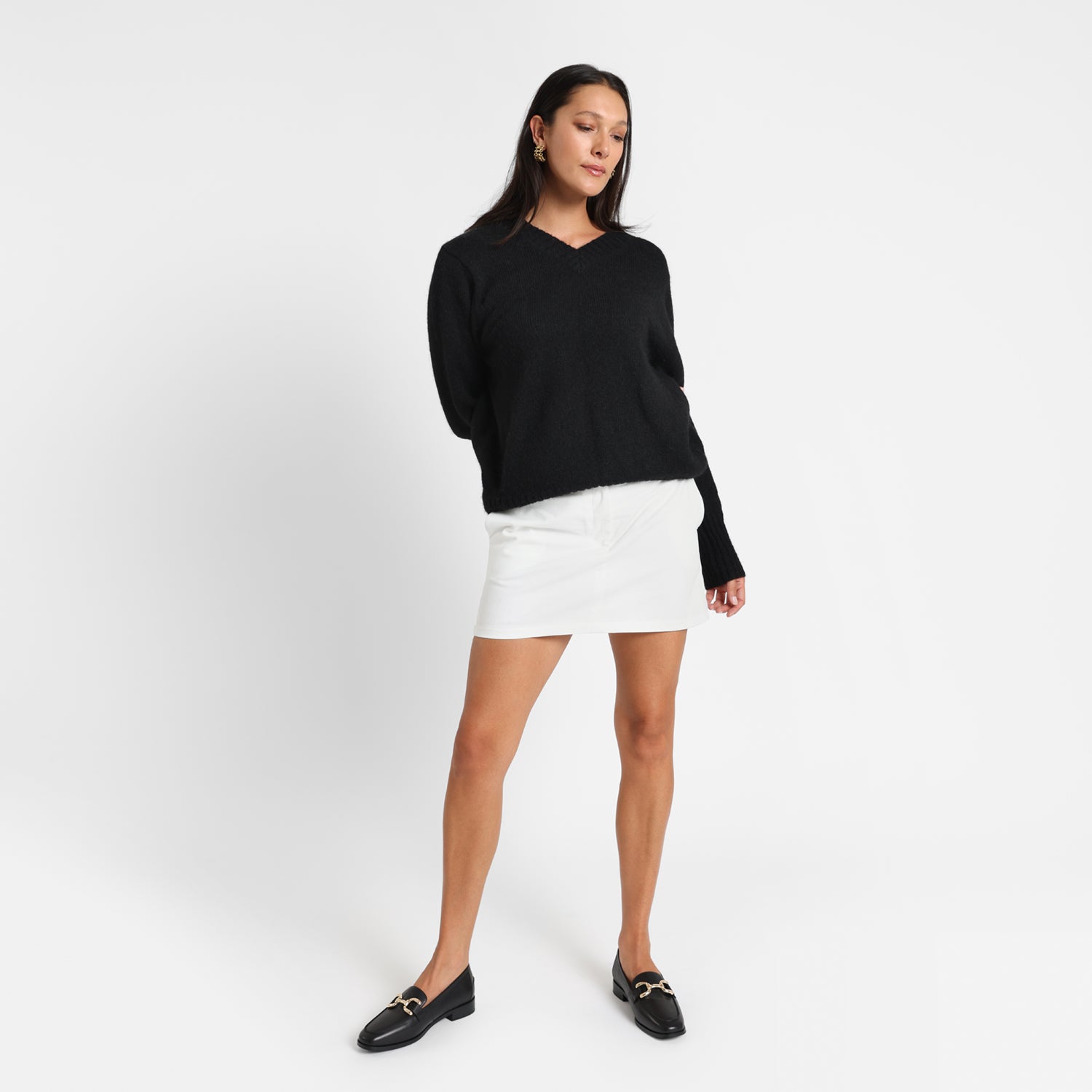 Alisa black leather loafer worn by model