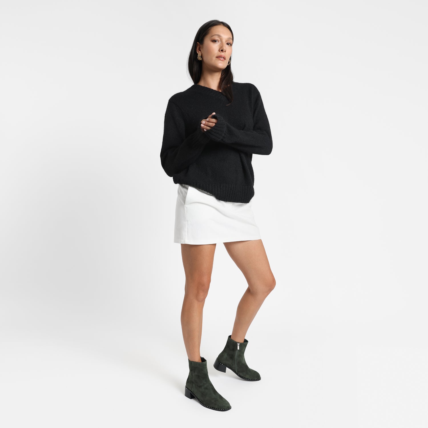 Bordeaux dark moss suede on model.