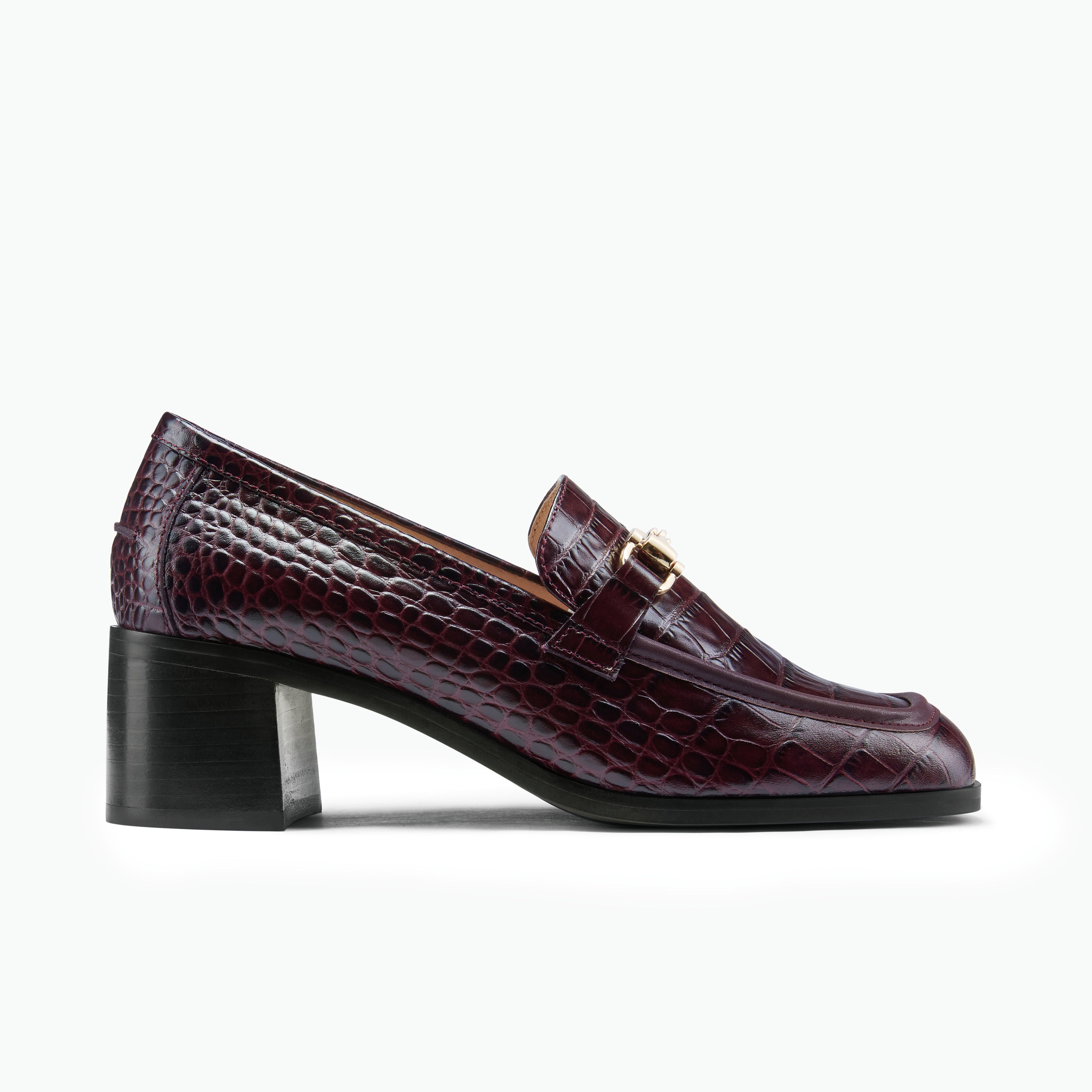 Bremen loafer in ox blood burgundy with black medium block heel, square toe and gold buckle. 4.5cm heel.