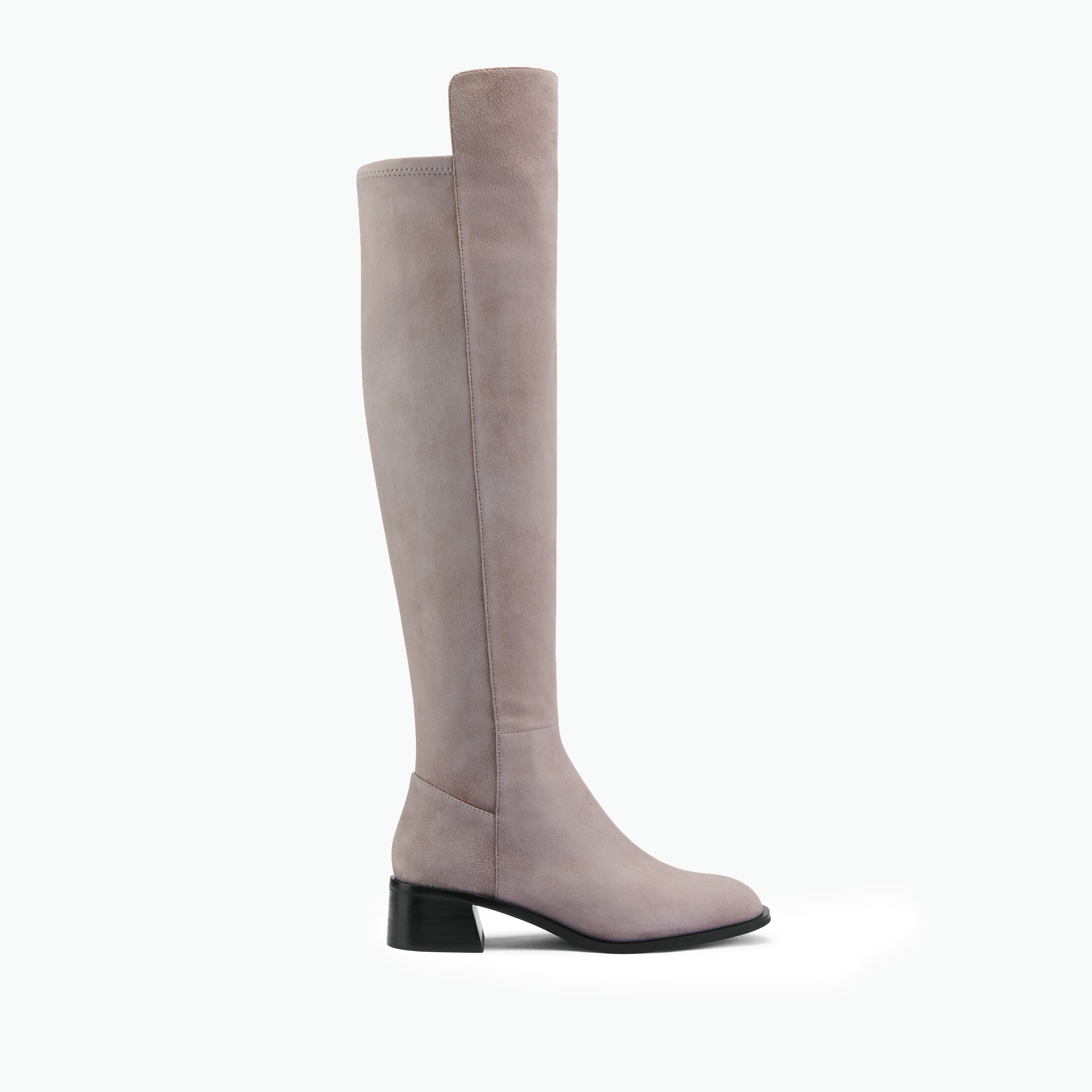 Brussels knee high boot in taupe suede leather. 4.5cm block heel.