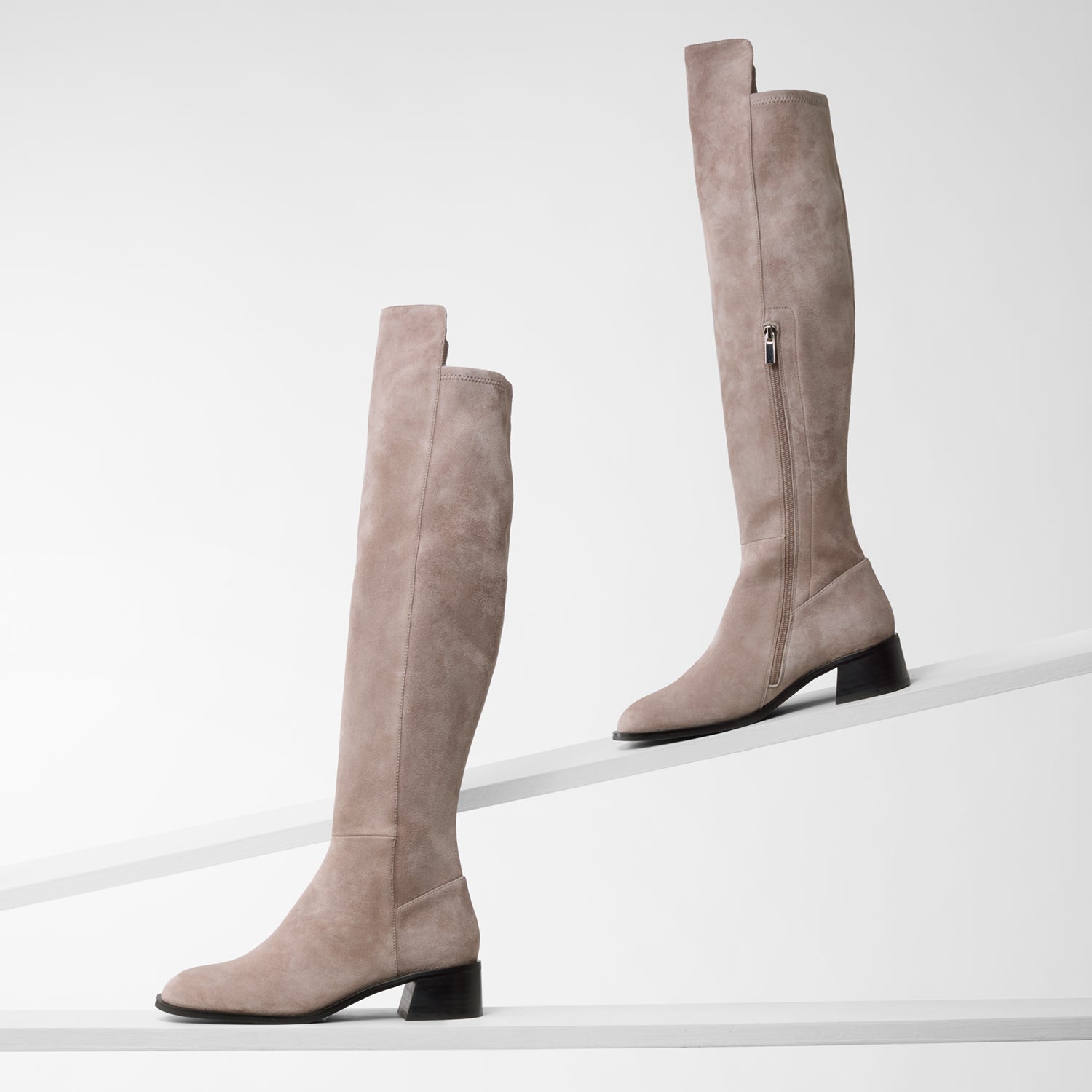 Brussels taupe suede knee high long boots. Low block heel.