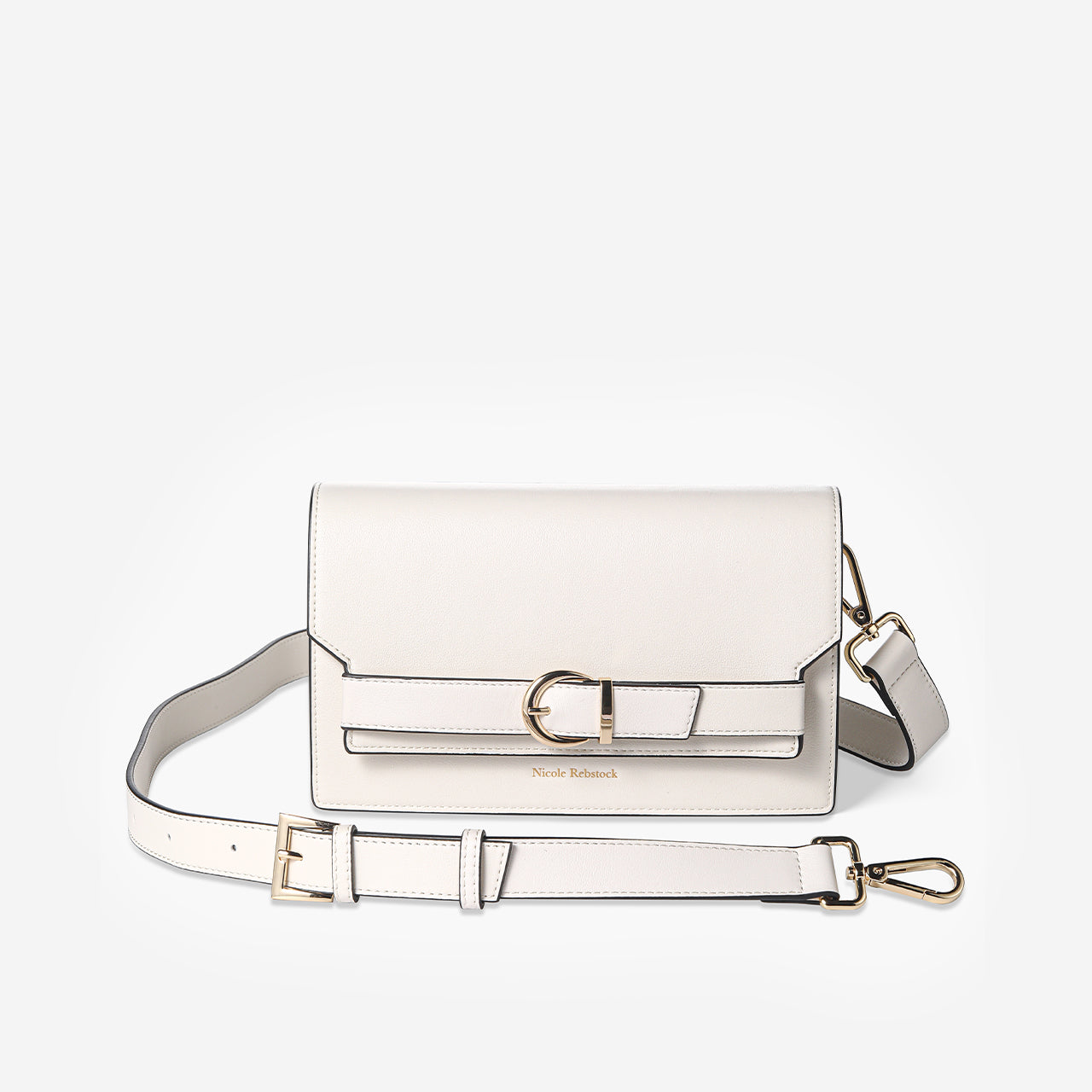 Capri Cream crossbody handbag with leather strap and gold buckle.