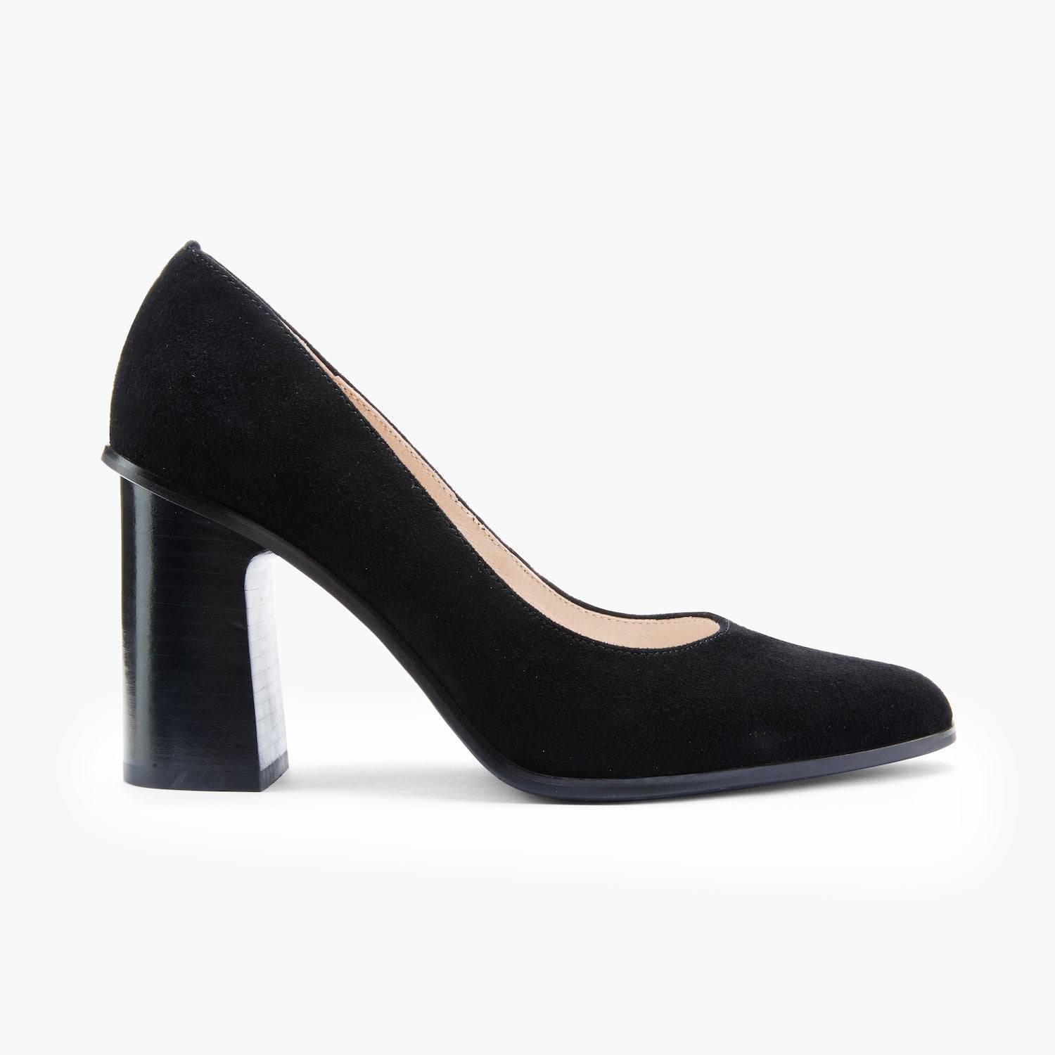 Black high-heeled shoe with block heel on a white background