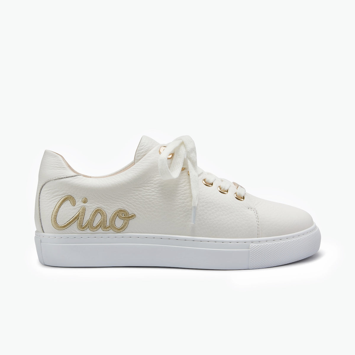 A white low-top leather sneaker with gold metallic 'Ciao' script embroidery on the side, white laces, and a white rubber sole, shown against a plain white background.
