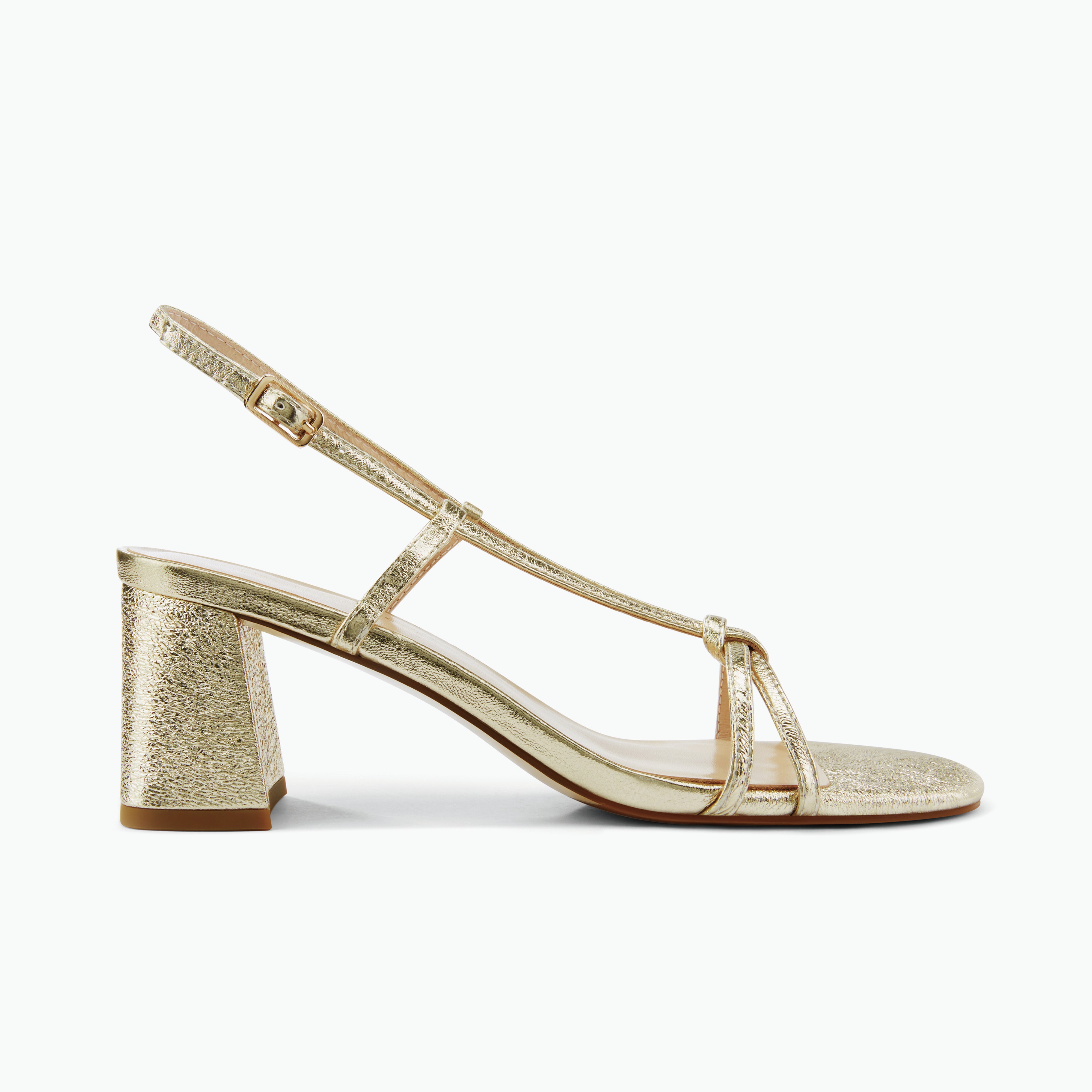 Strappy gold leather sandal heel side profile