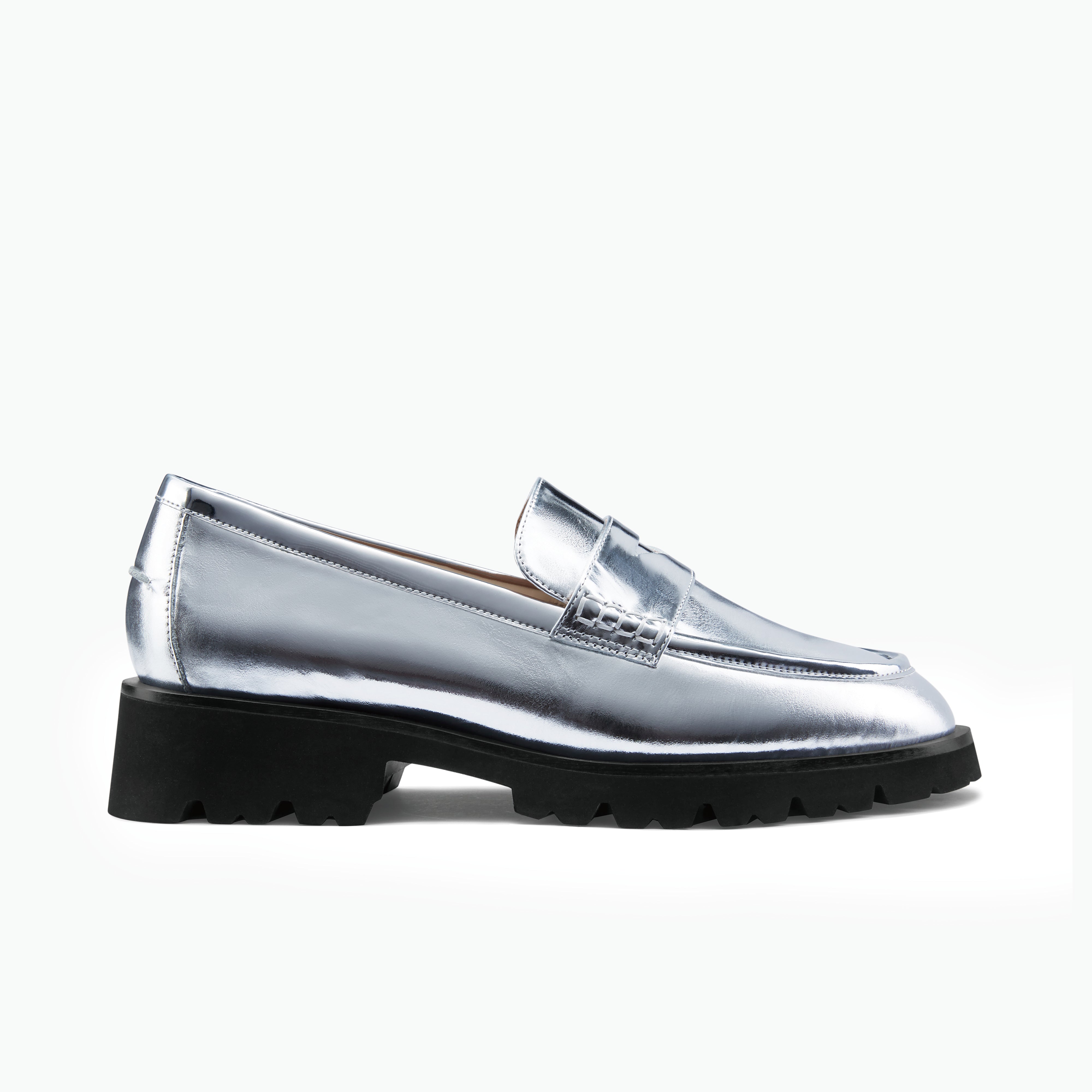 Czech Loafer in silver leather with chunky black sole.