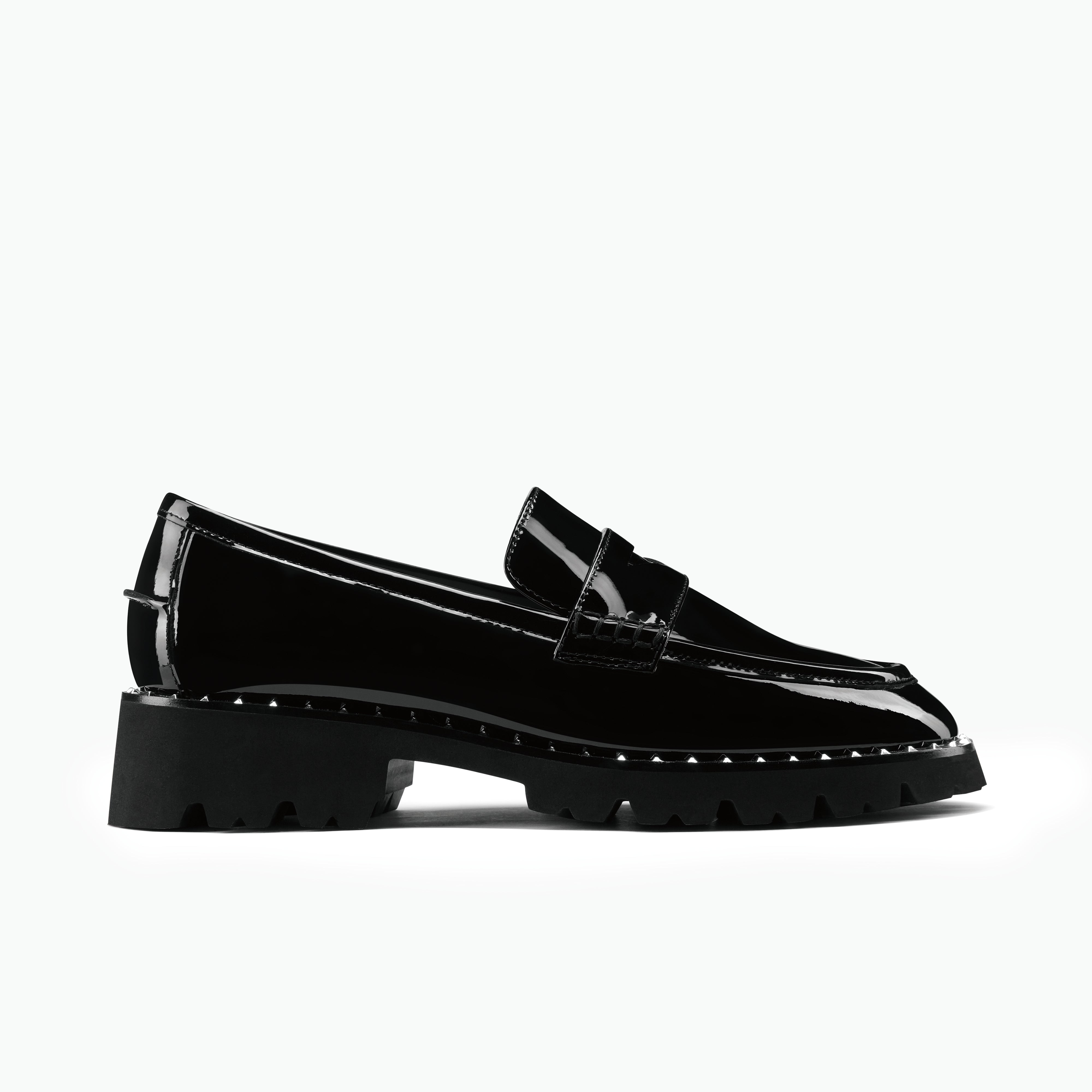 Czech Loafer in black patent with subtle silver studs around the sole.