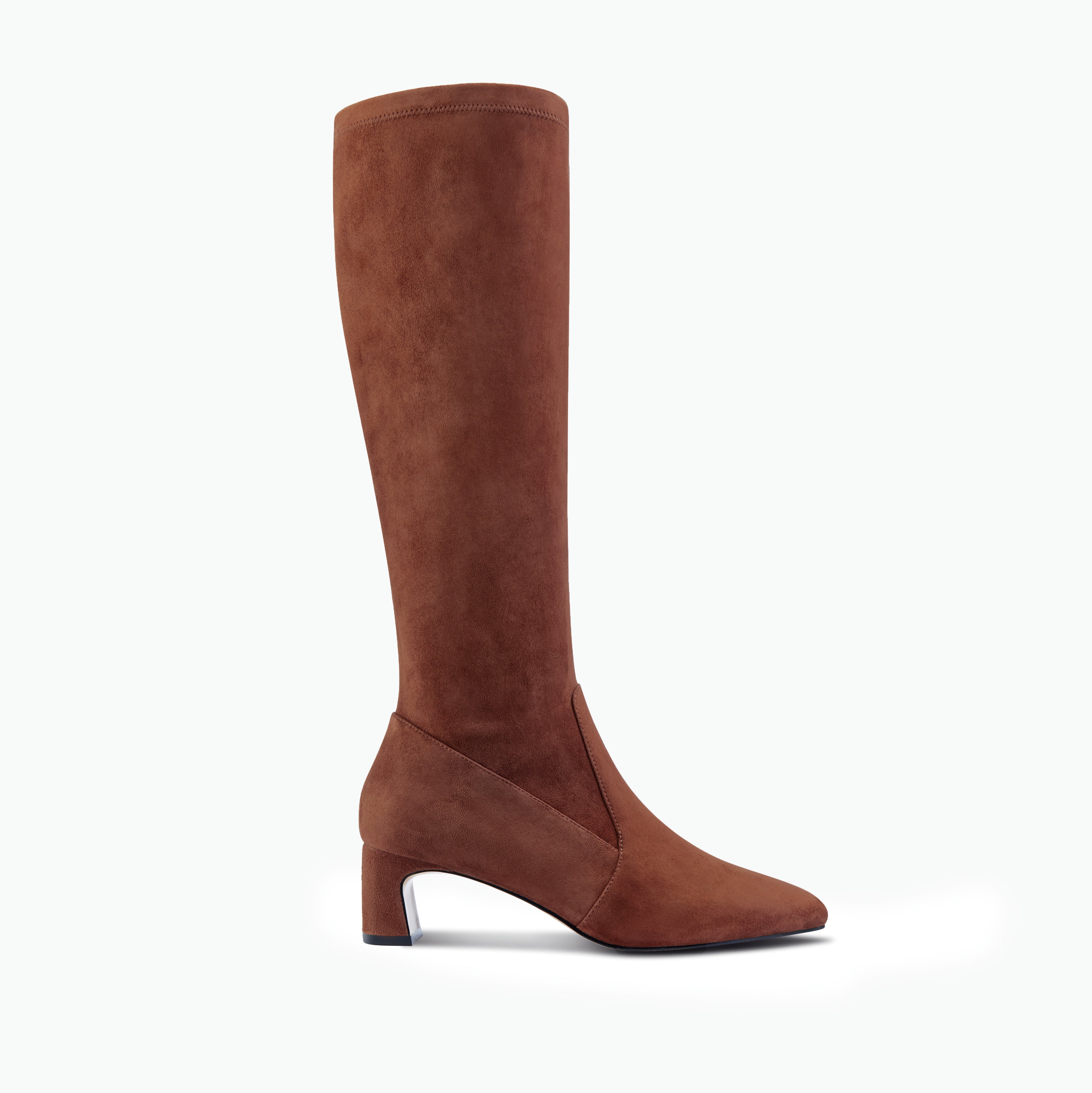 Dakota Knee High Boot with chestnut brown suede. Toe shape is square/pointed with 5.5cm heel.