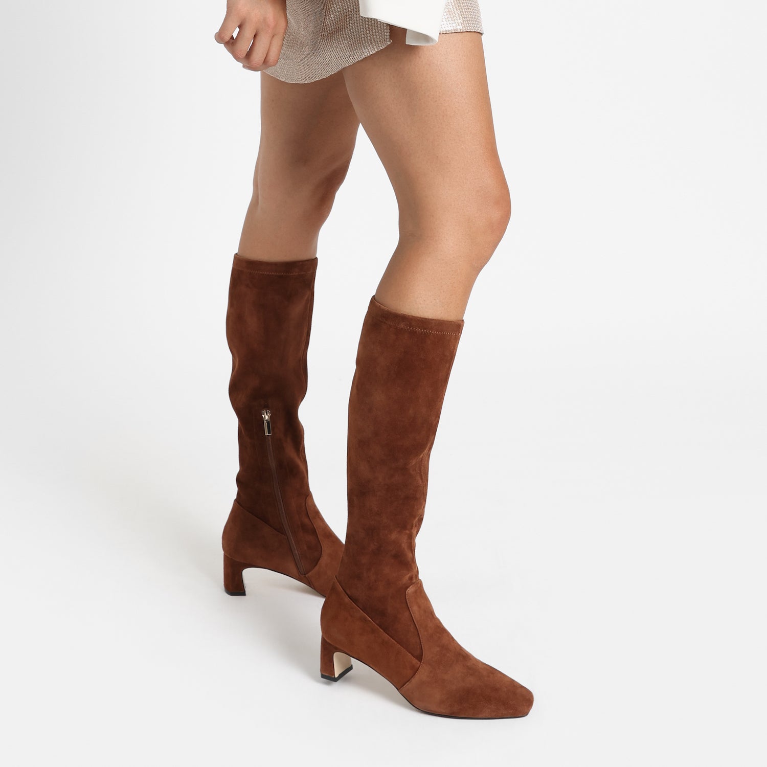 Dakota chestnut suede long boot with 5.5cm heel.