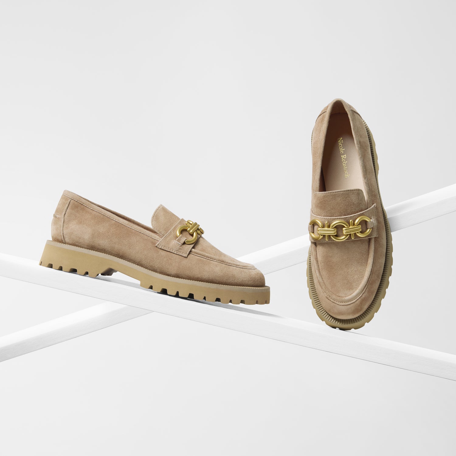 Cinnamon suede flat loafers with chunky EVA sole and gold chain by Nicole Rebstock