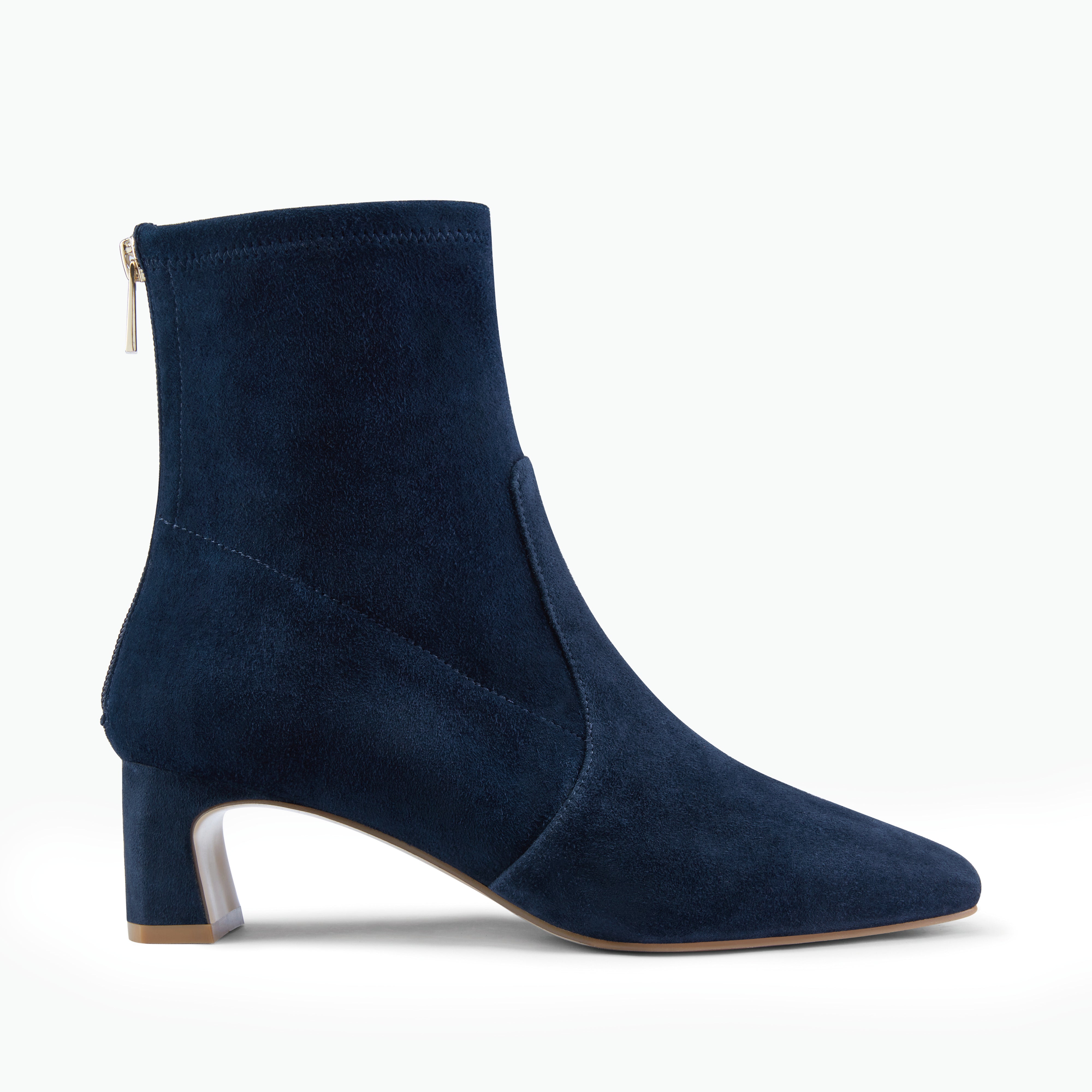 Demi navy suede ankle boot with a kitten heel side view.