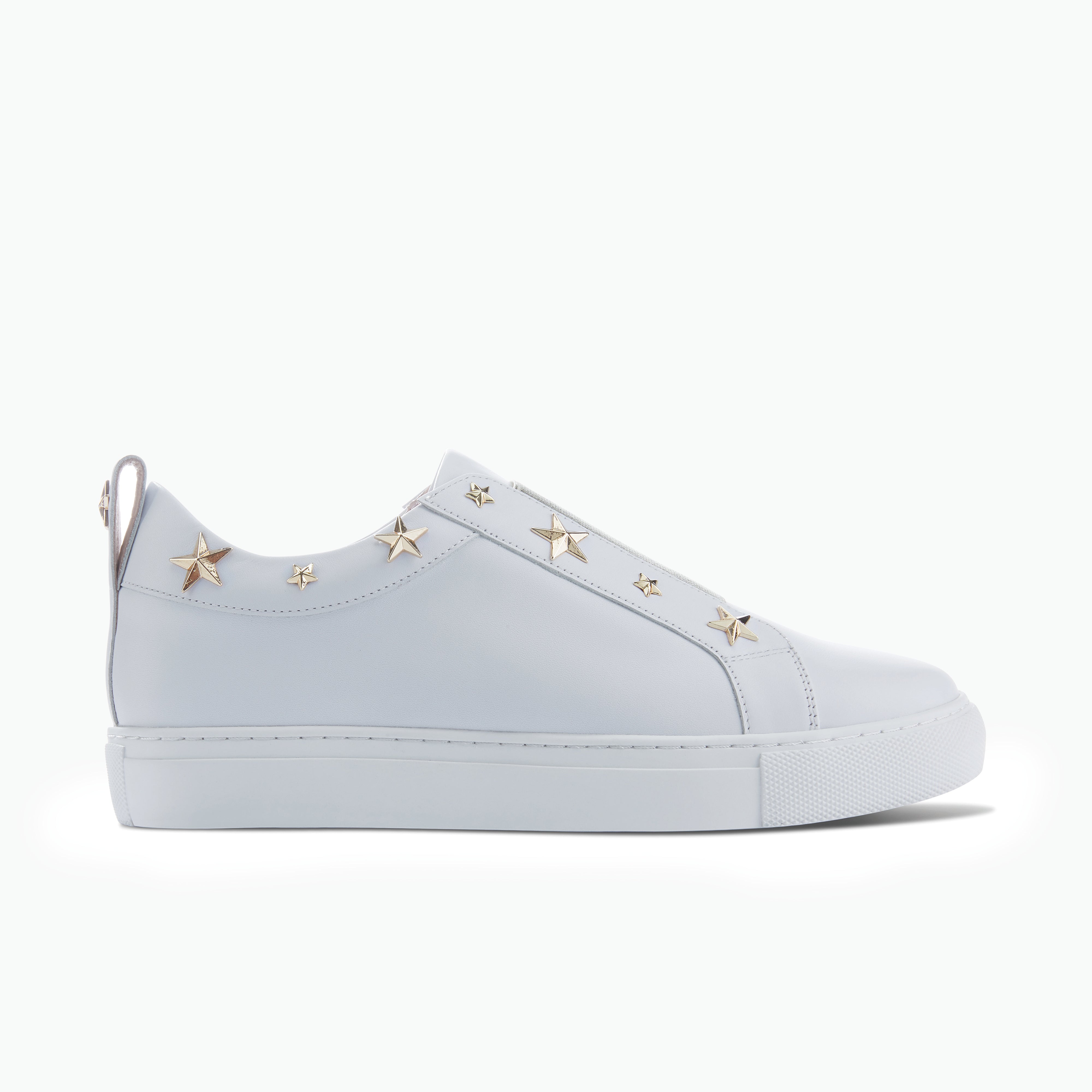 side profile of Felix white pull on leather sneaker with gold star studs