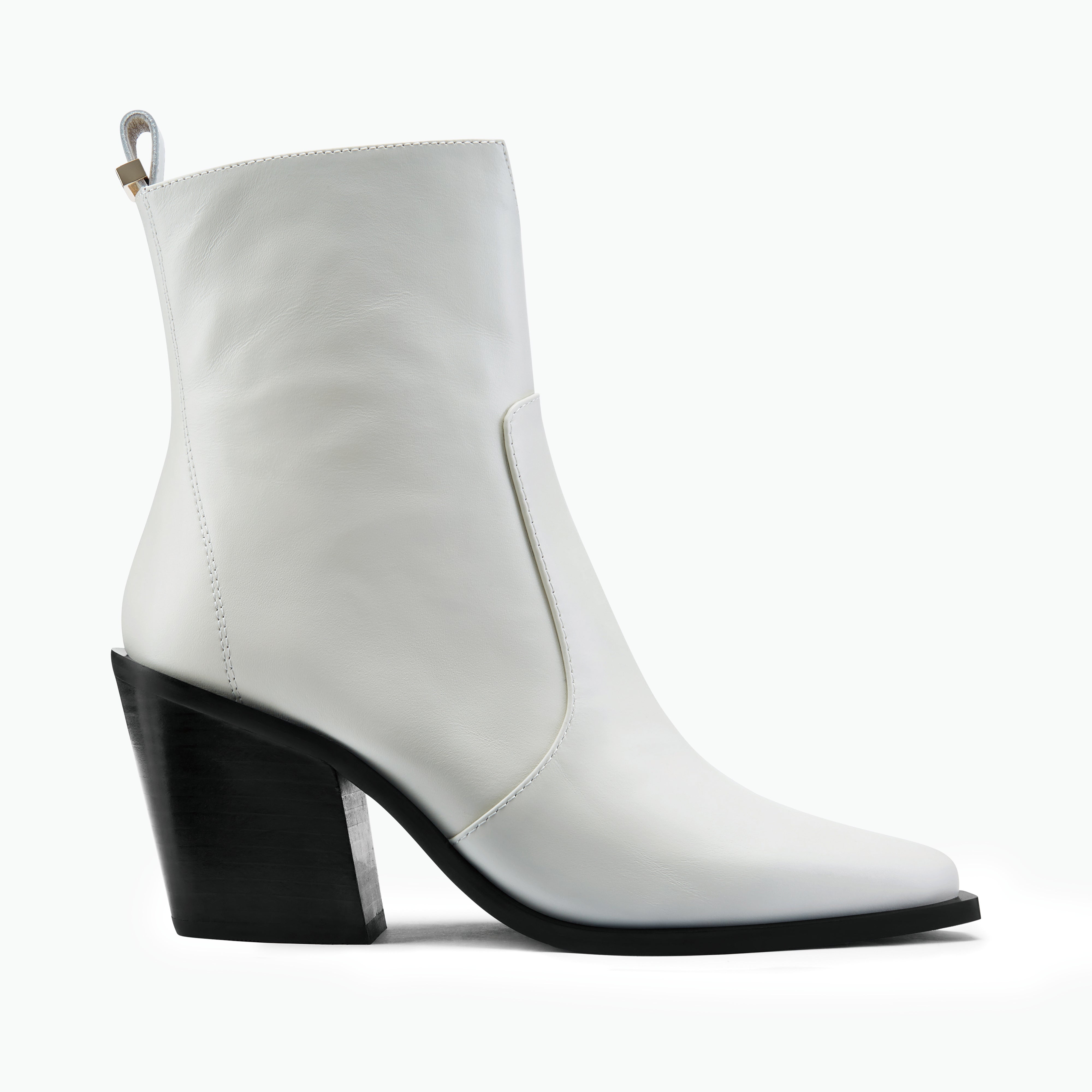 Franklin ivory leather western style ankle boot with a black heel and sole shown from the side.
