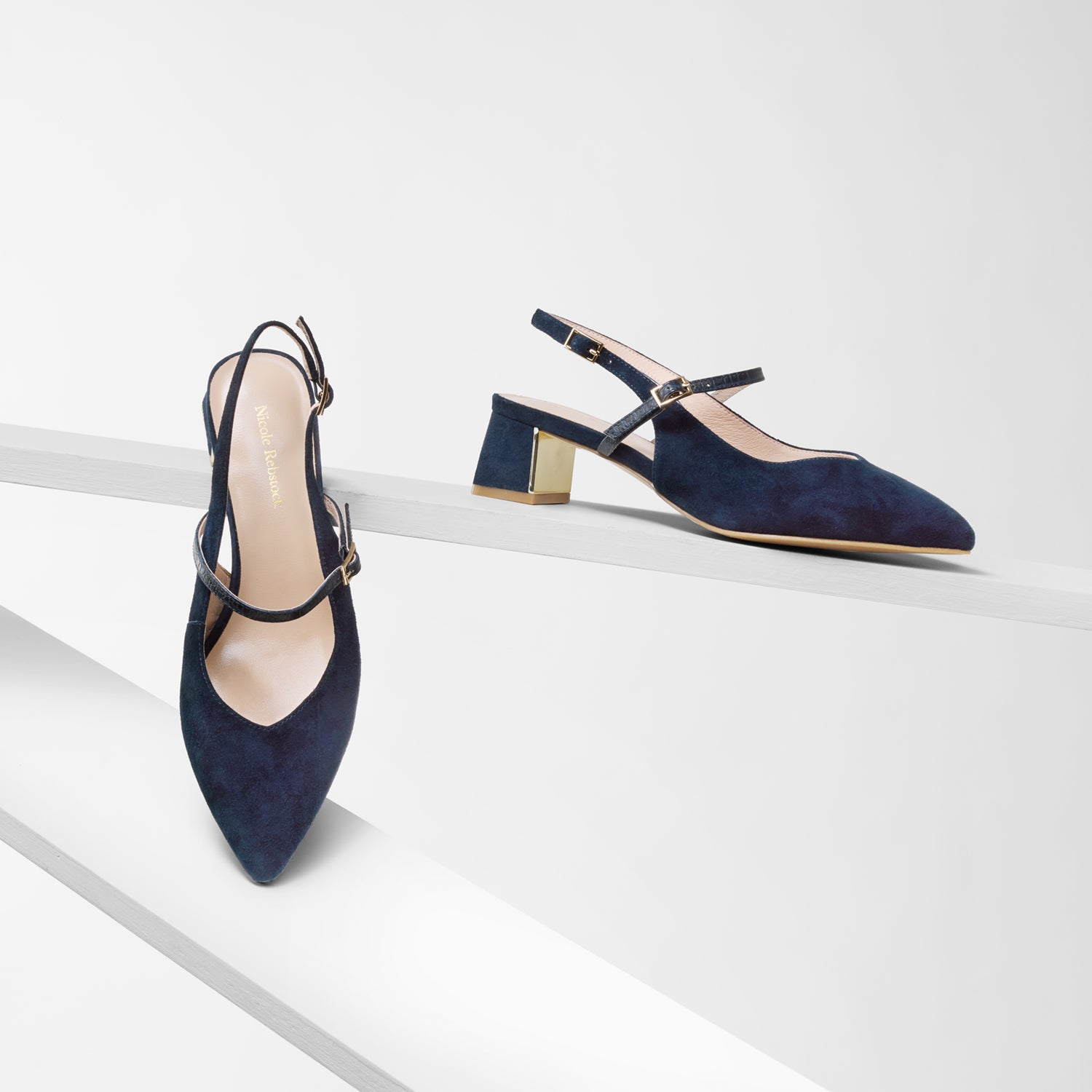 Harper Navy Slingback shown from various angles. Features block 5cm heel with gold mirror on inside.