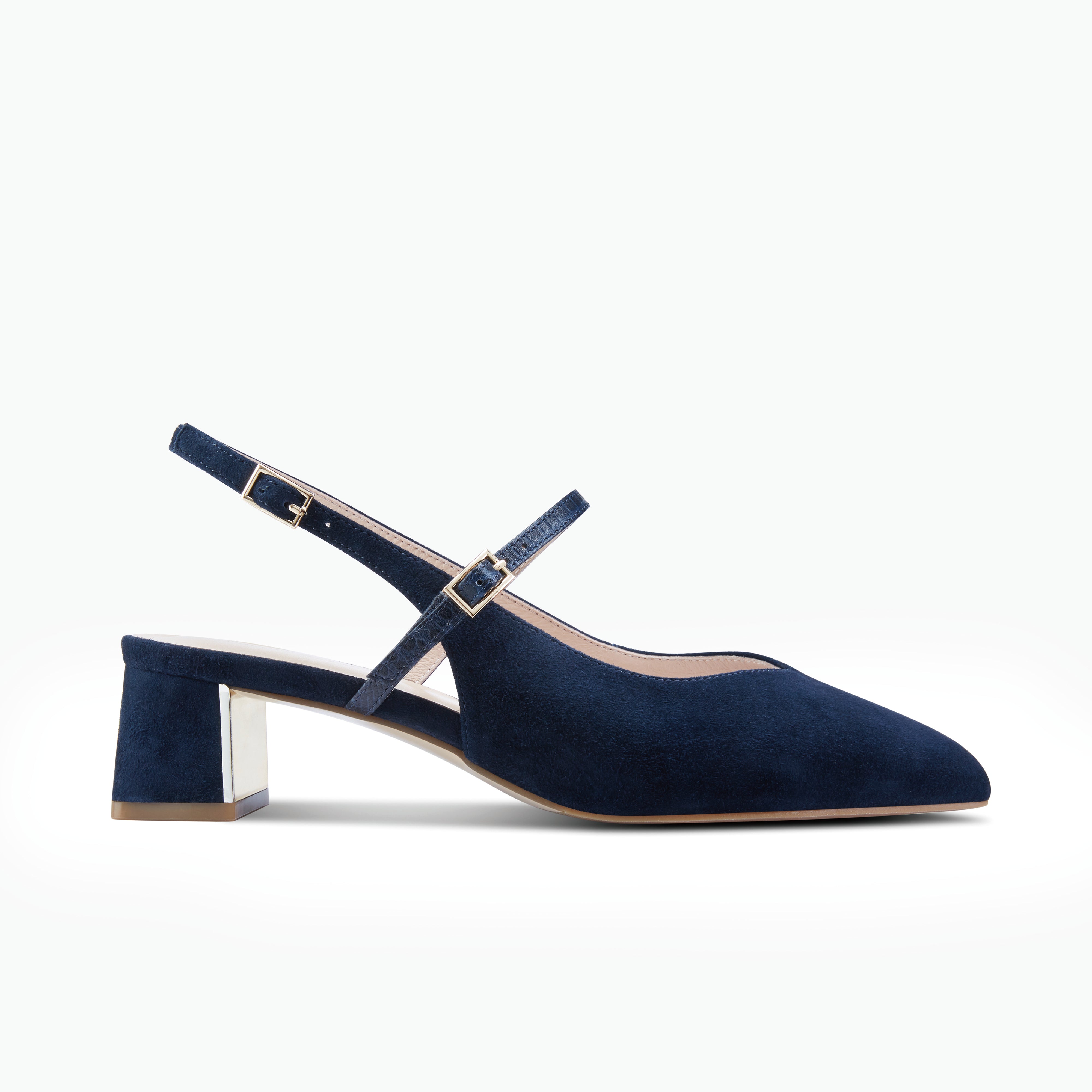 Harper Slingback in navy suede with Mary Jane strap detailing. Heel height is 5cm.