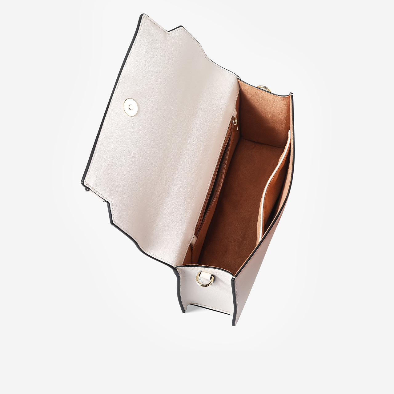 Inside view of Capri cream handbag showing pockets.