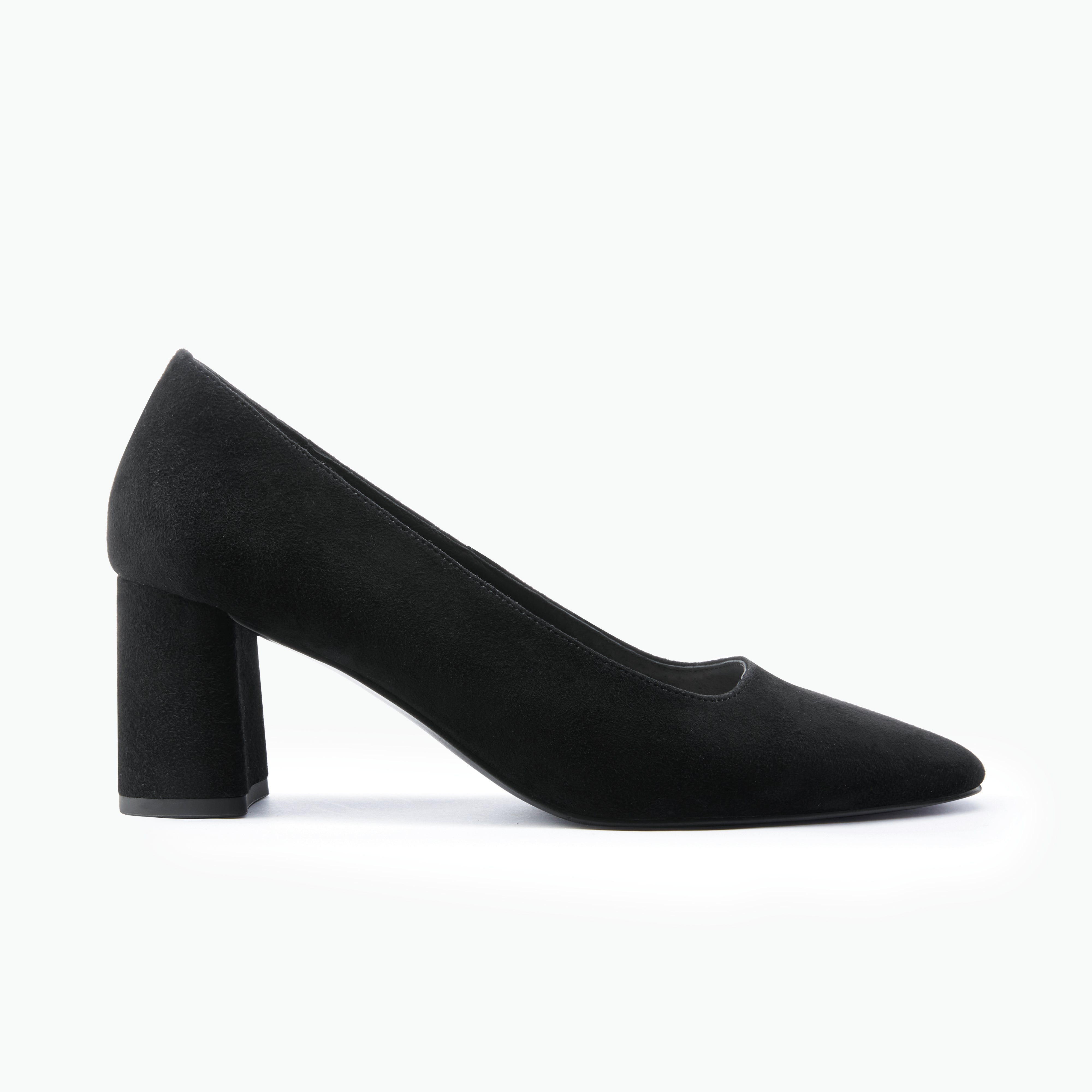 Black high-heeled shoe on a white background