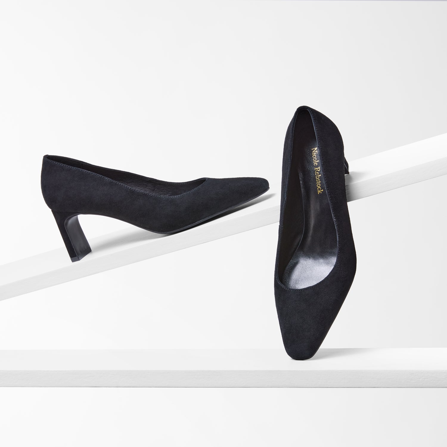Black suede heels. 6.5cm heel. square toe. By Nicole Rebstock
