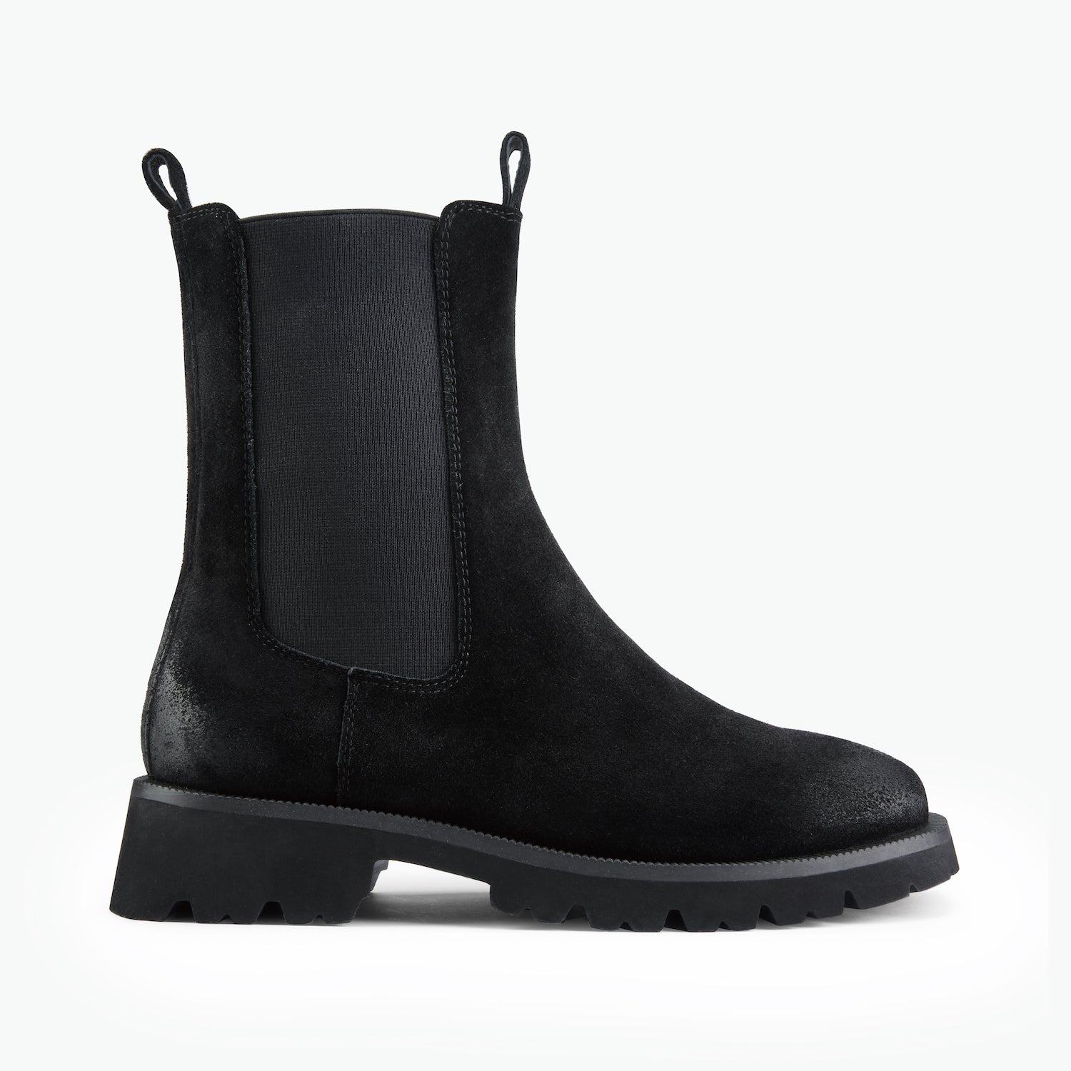 Black suede combat boot with gussets on white background