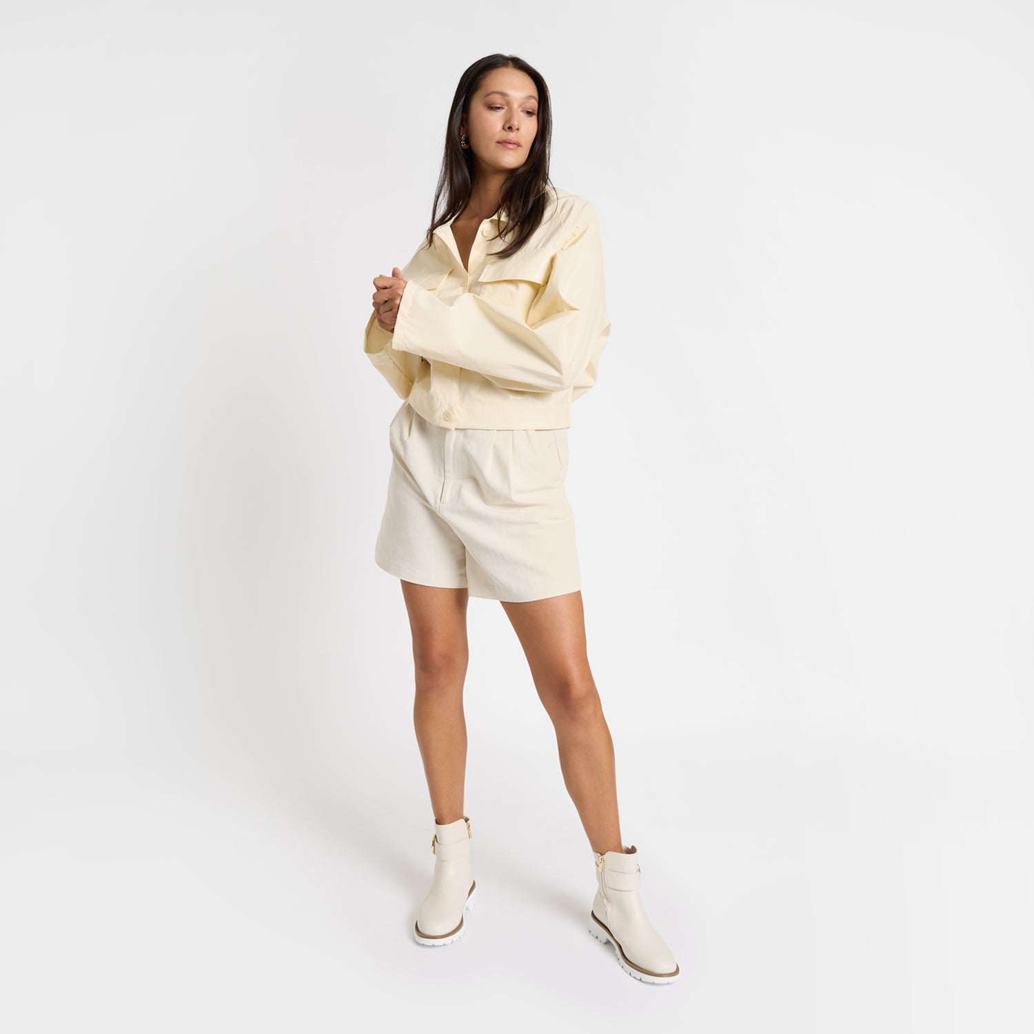 Jaxon ivory leather ankle boot worn by model.