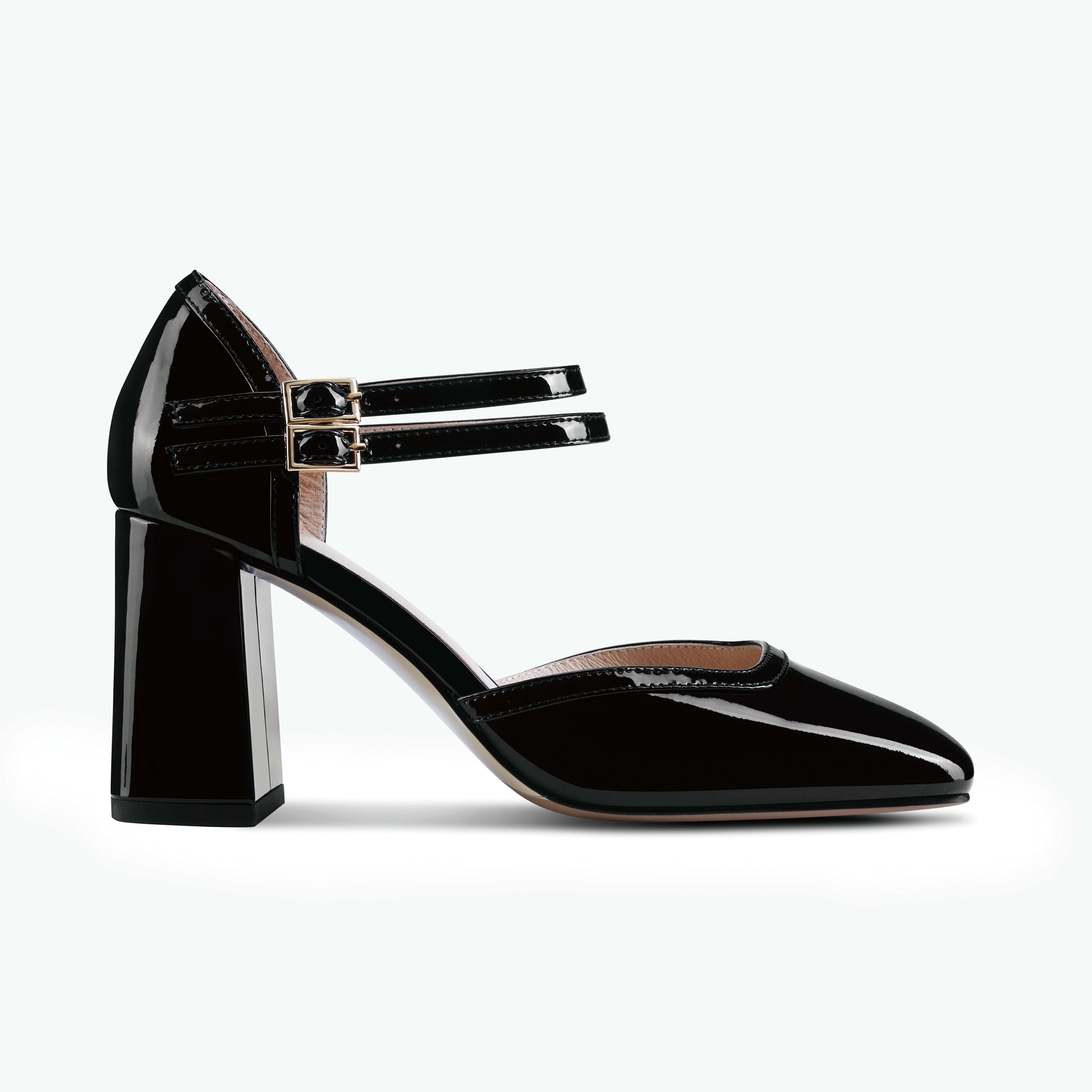 Black patent pump called Jelico with Mary Jane strap.