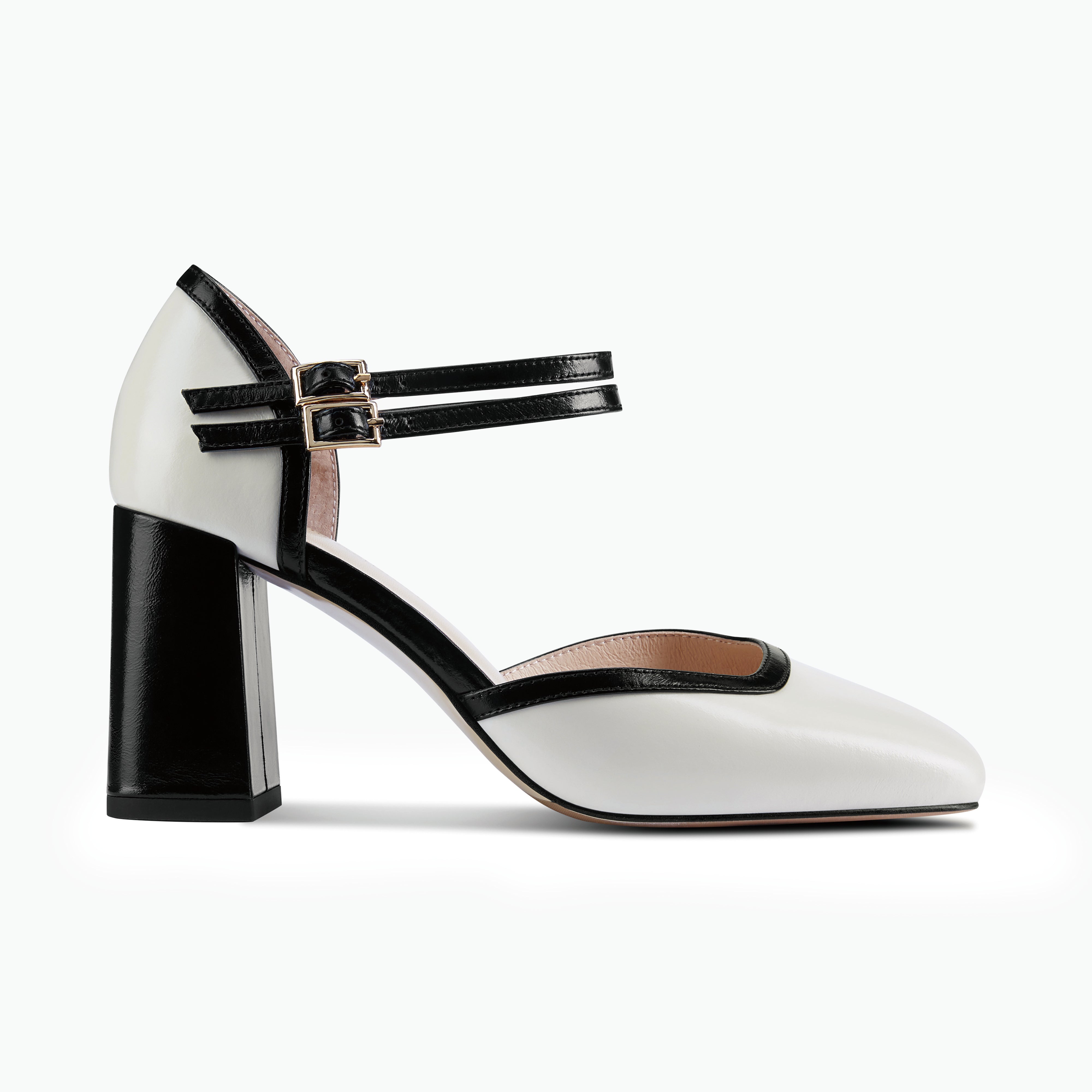 Side profile of Mary Jane pump called Jelico. Block heel. 7.5cm heel with square toe.