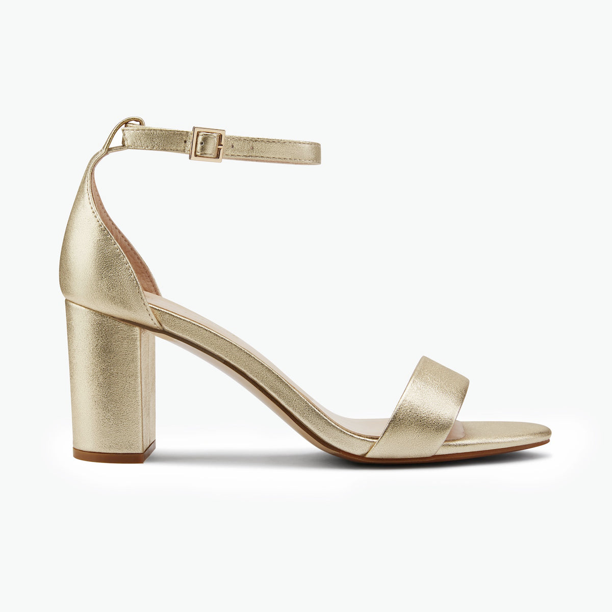 A gold leather block-heel sandal with a single toe strap and an adjustable ankle strap featuring a gold-tone buckle, shown from a side profile on a white background.