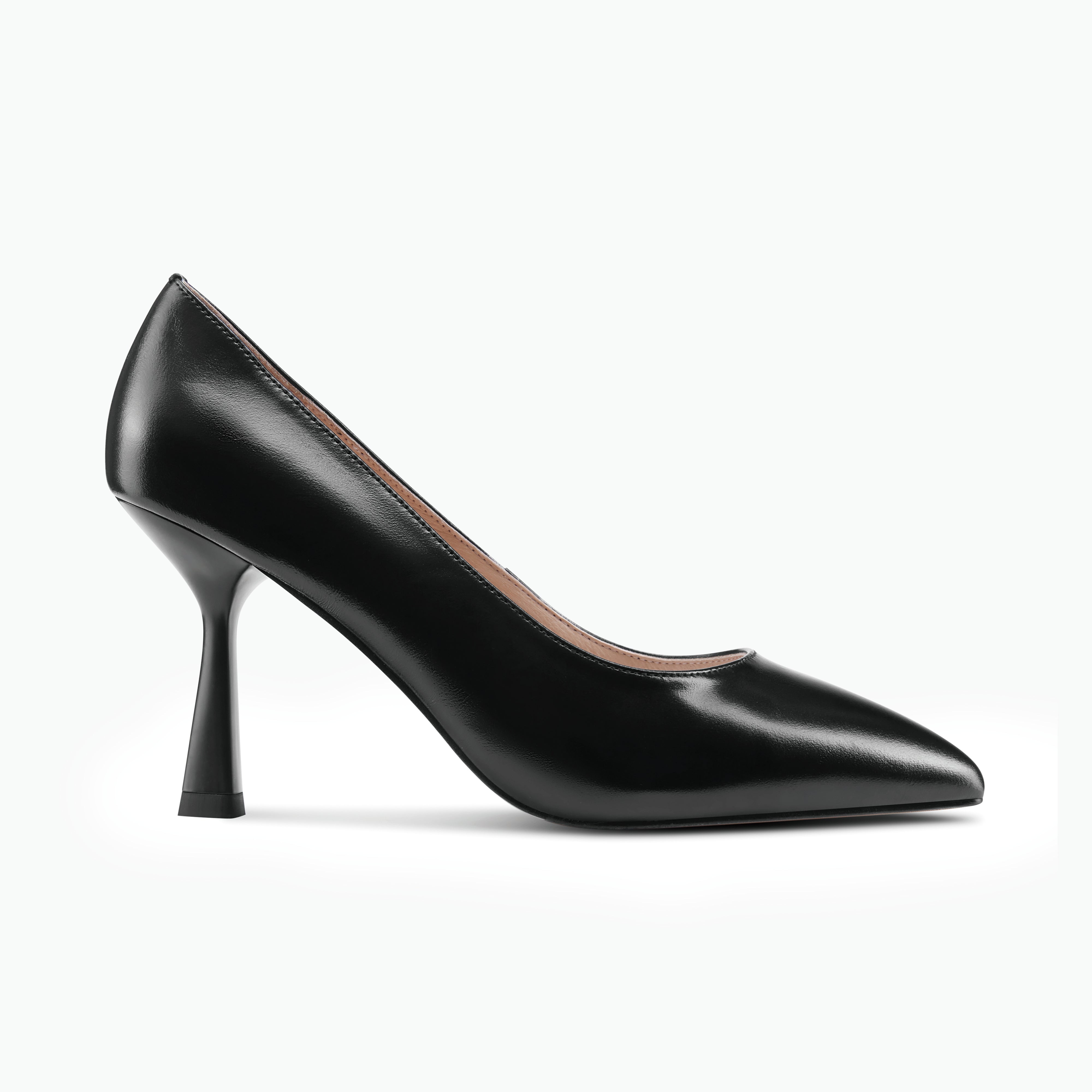 Lisbon black oiled leather pump with a curved 8.5 cm heel shown from the side.
