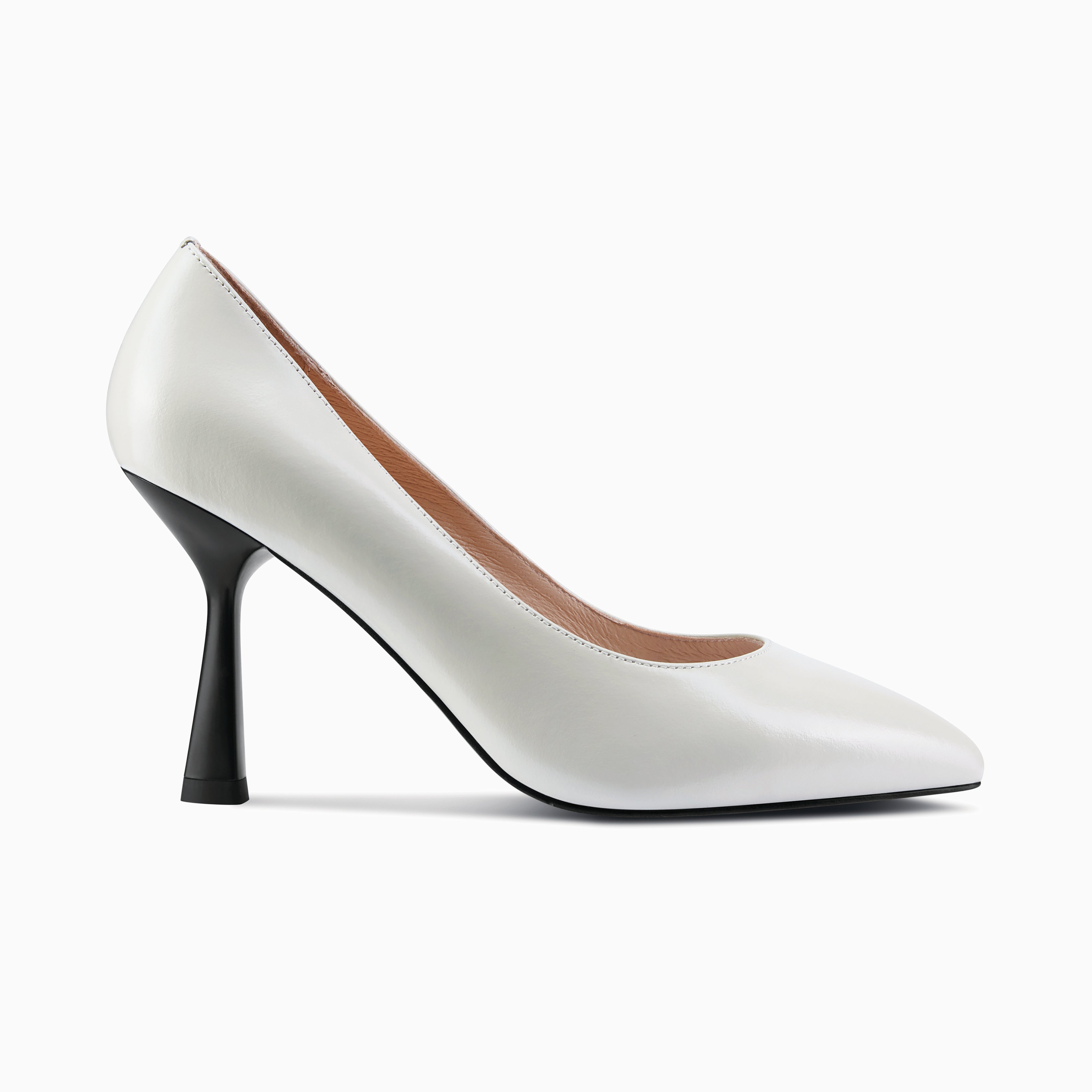 Lisbon ivory oiled leather stiletto pump side angle showing black sculpted heel.
