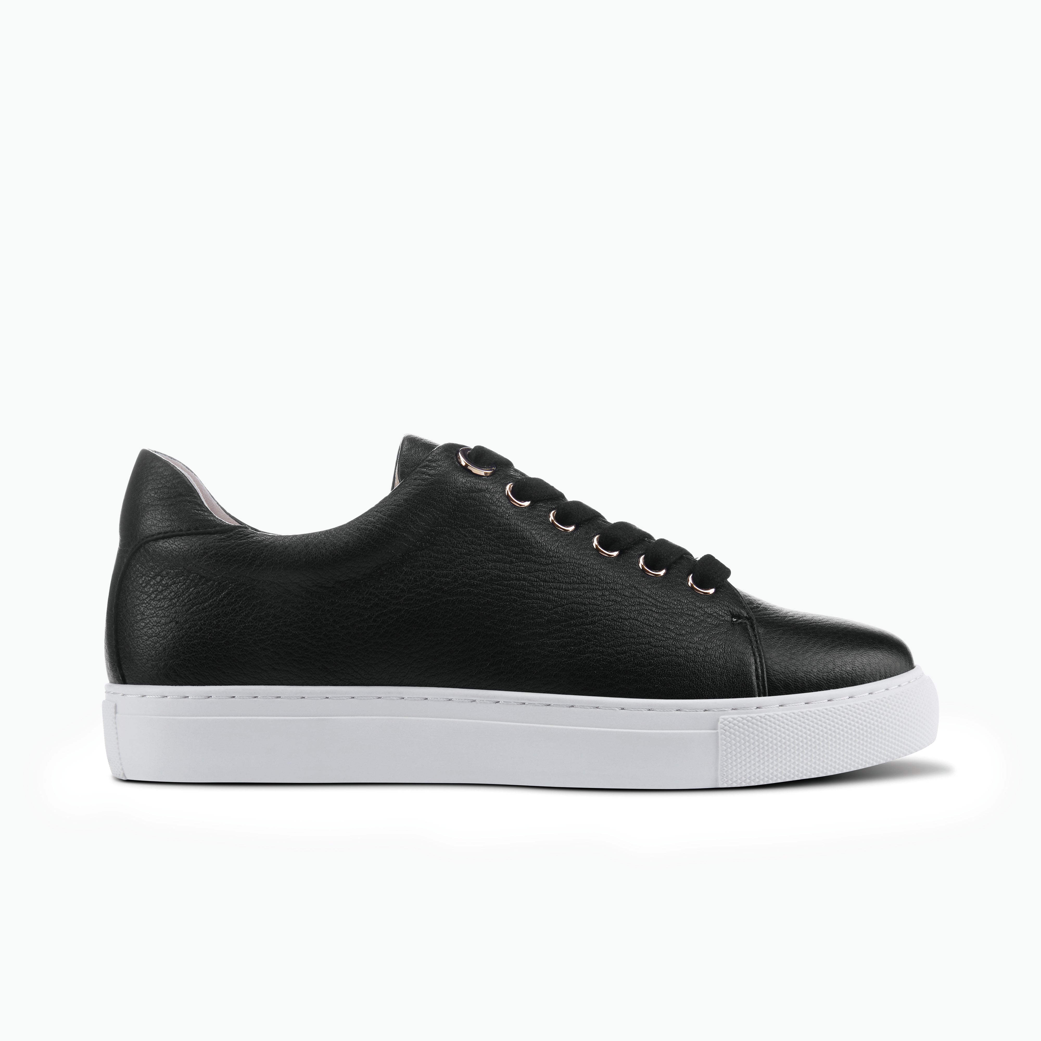 side profile of Mace black pebble leather lace-up sneaker with white sole and gold eyelets