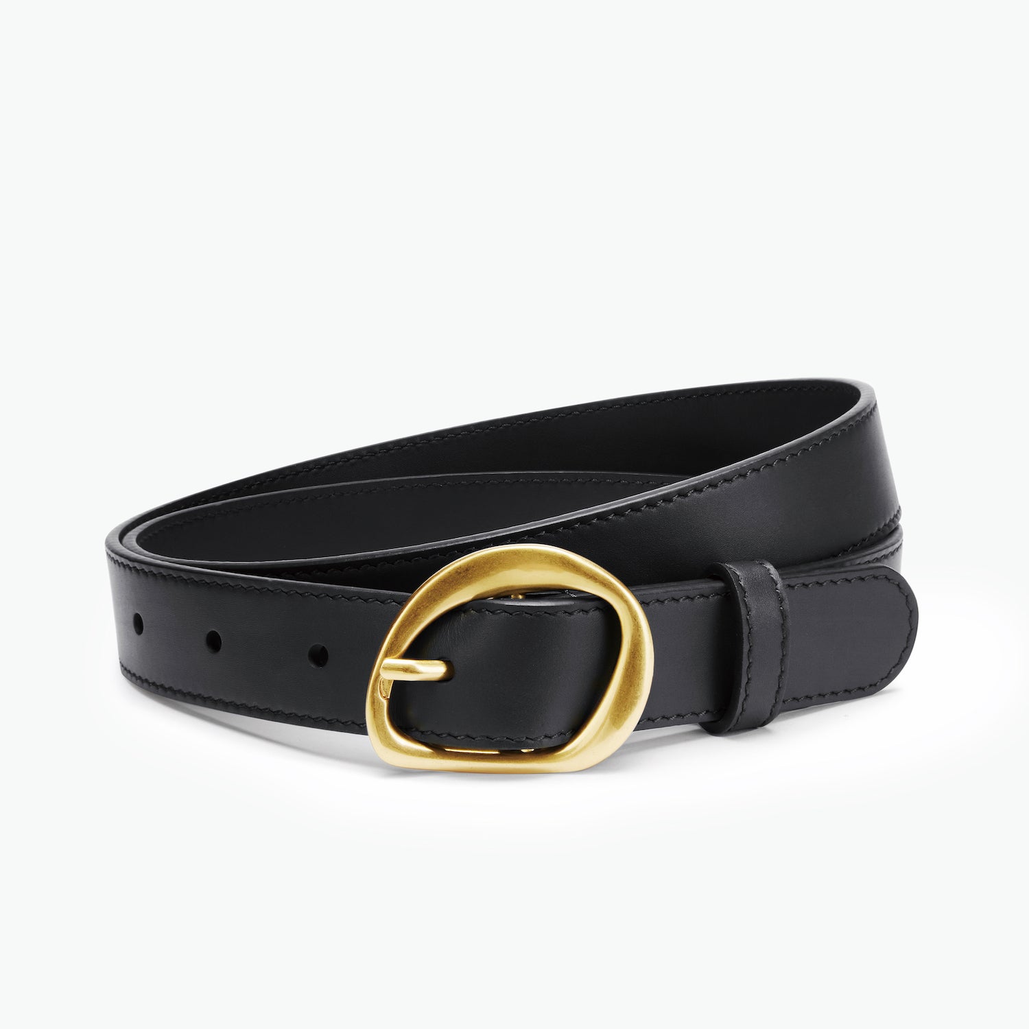 Black leather belt with a gold buckle on a white background