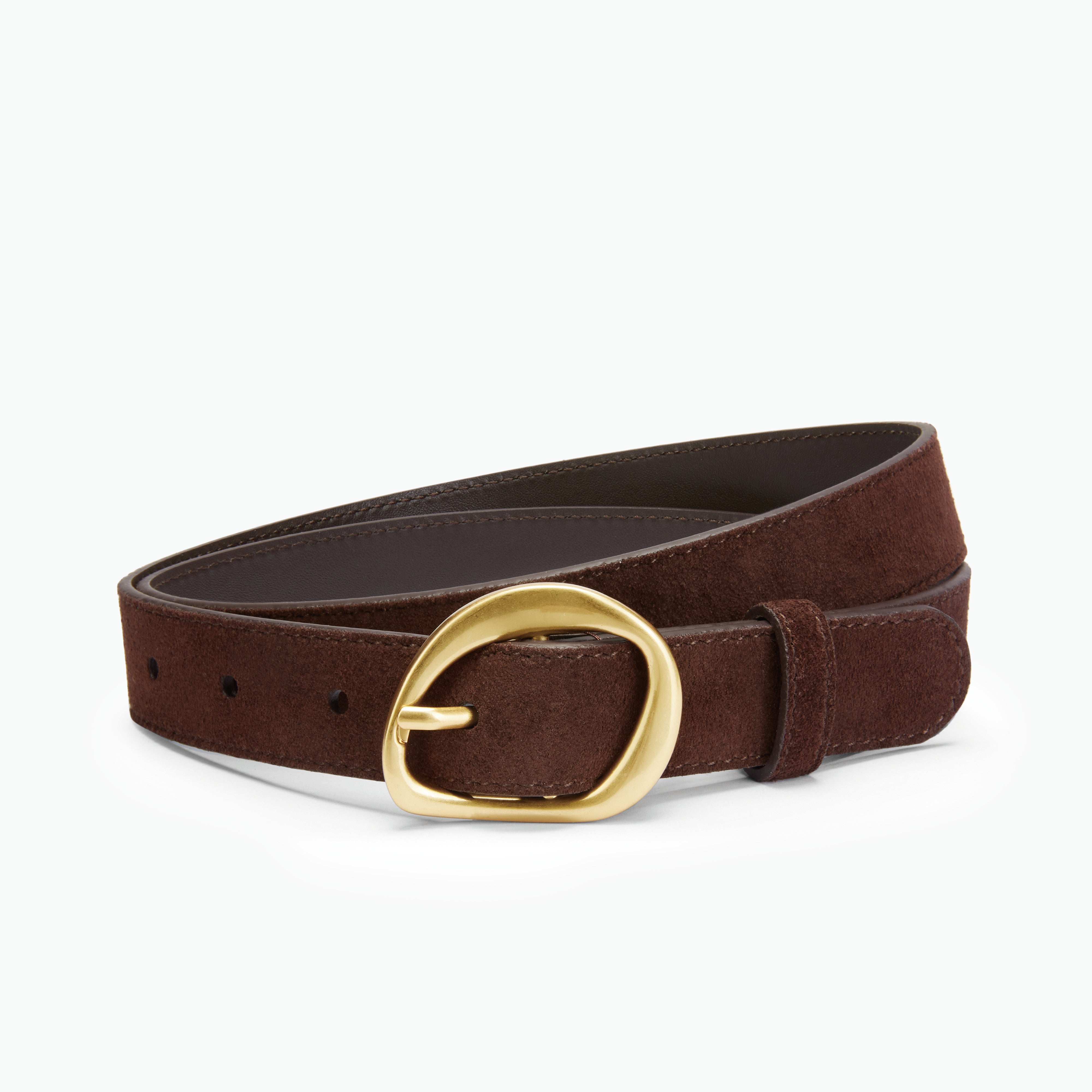 Brown suede belt with a gold buckle on a white background