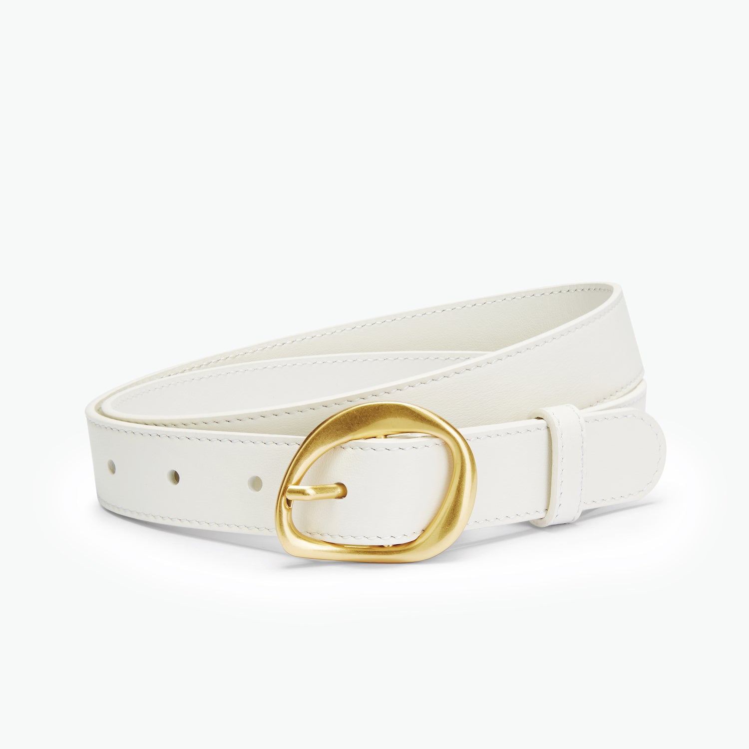 Cream leather belt with a gold buckle on a white background