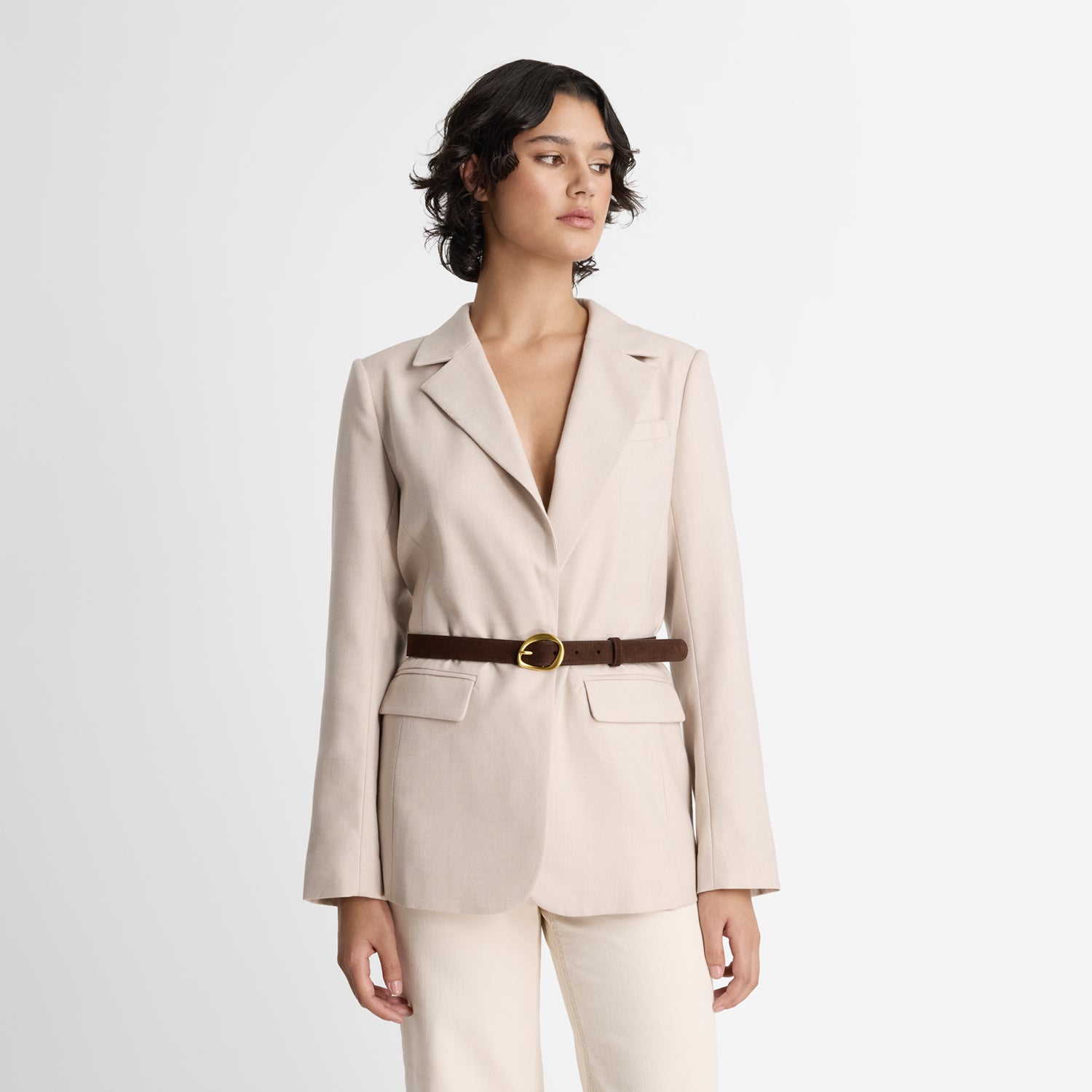 Model wearing brown suede Maple Belt by Nicole Rebstock. 2.5cm wide belt.
