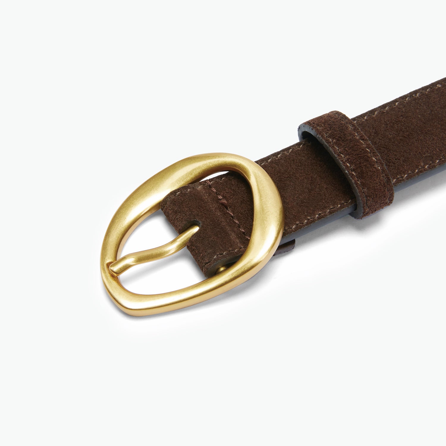 Brown leather belt with a gold buckle on a white background