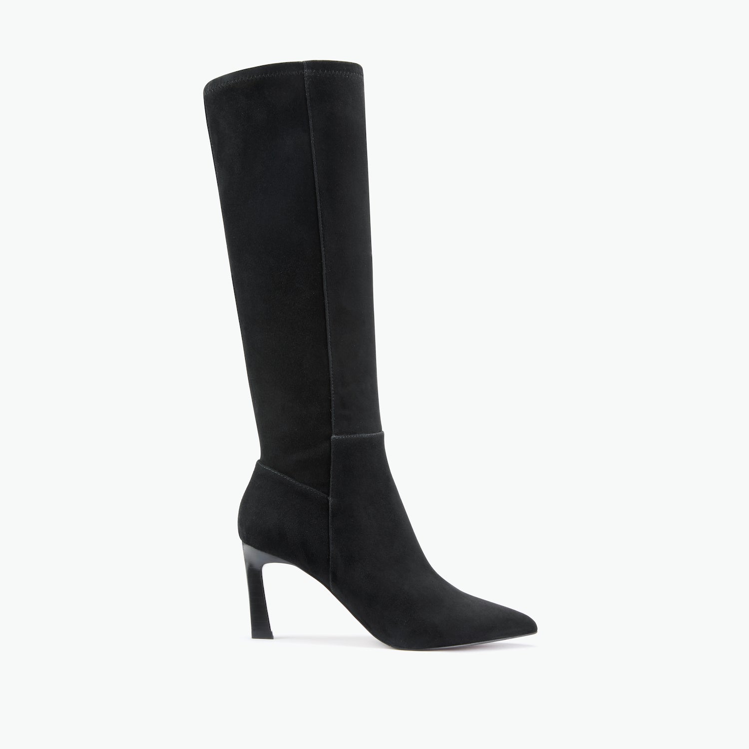 black stiletto knee high boot on white bacground.