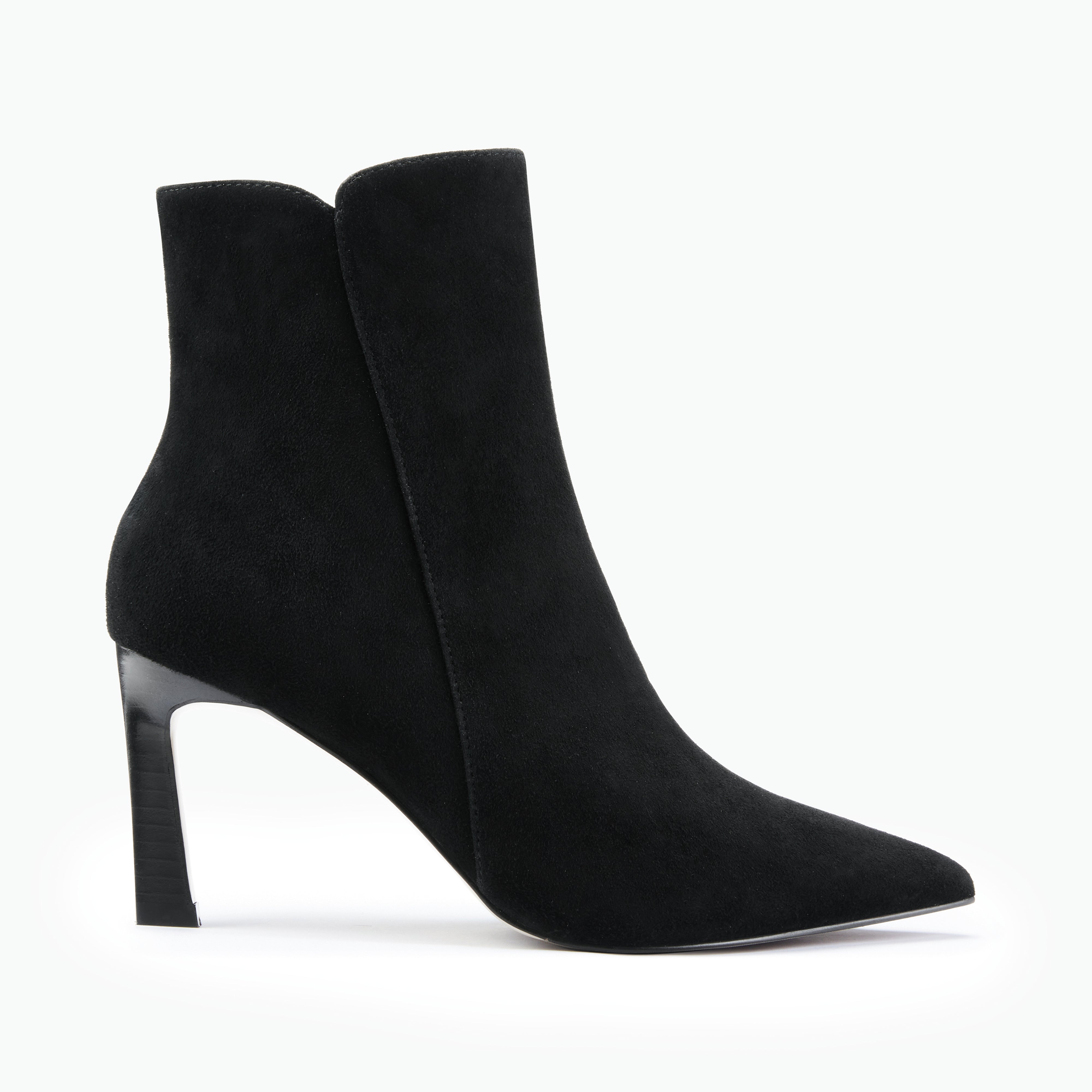 Black pointed ankle boots with a stiletto heel on a white background.