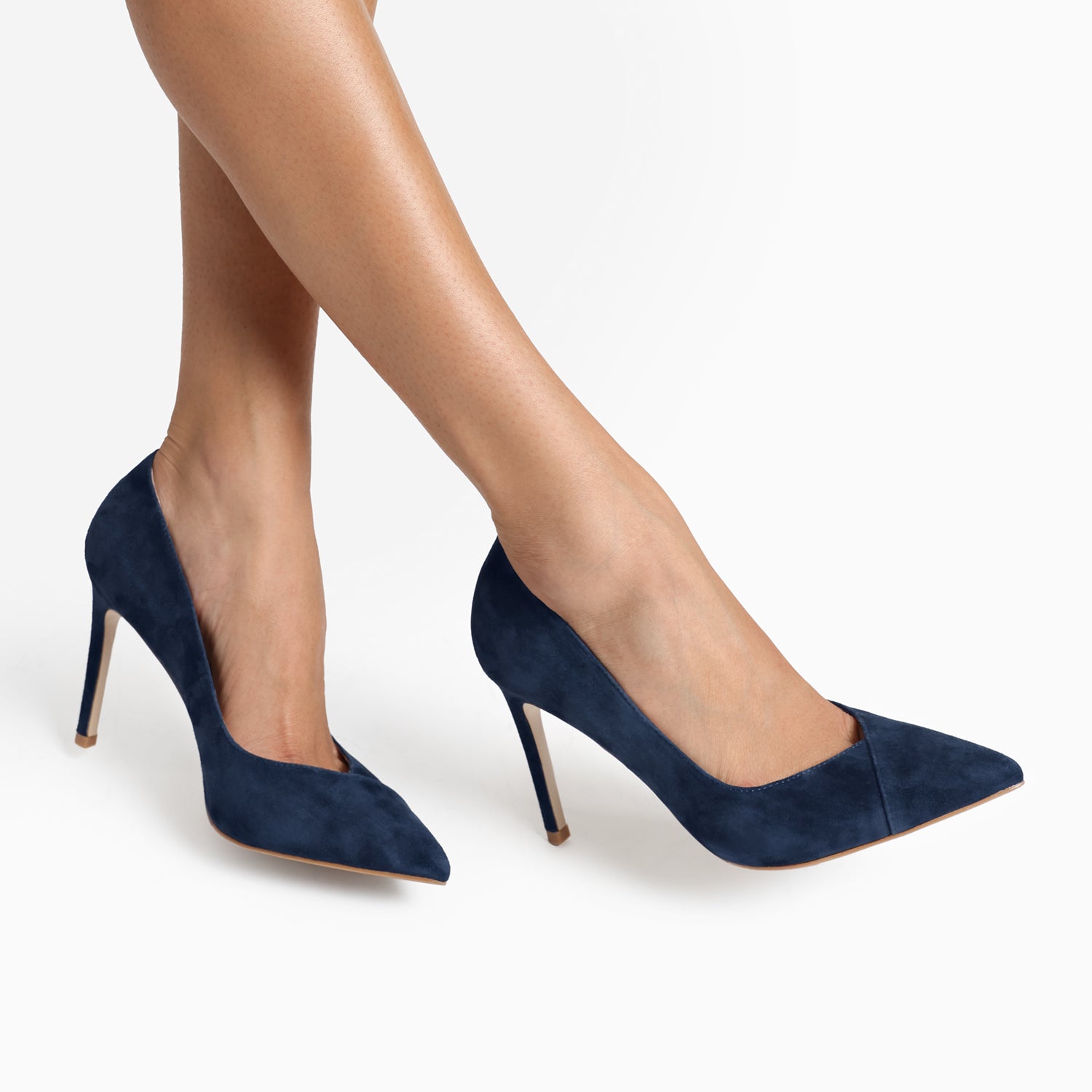 Naples navy suede pointed toe court shoe on models feet