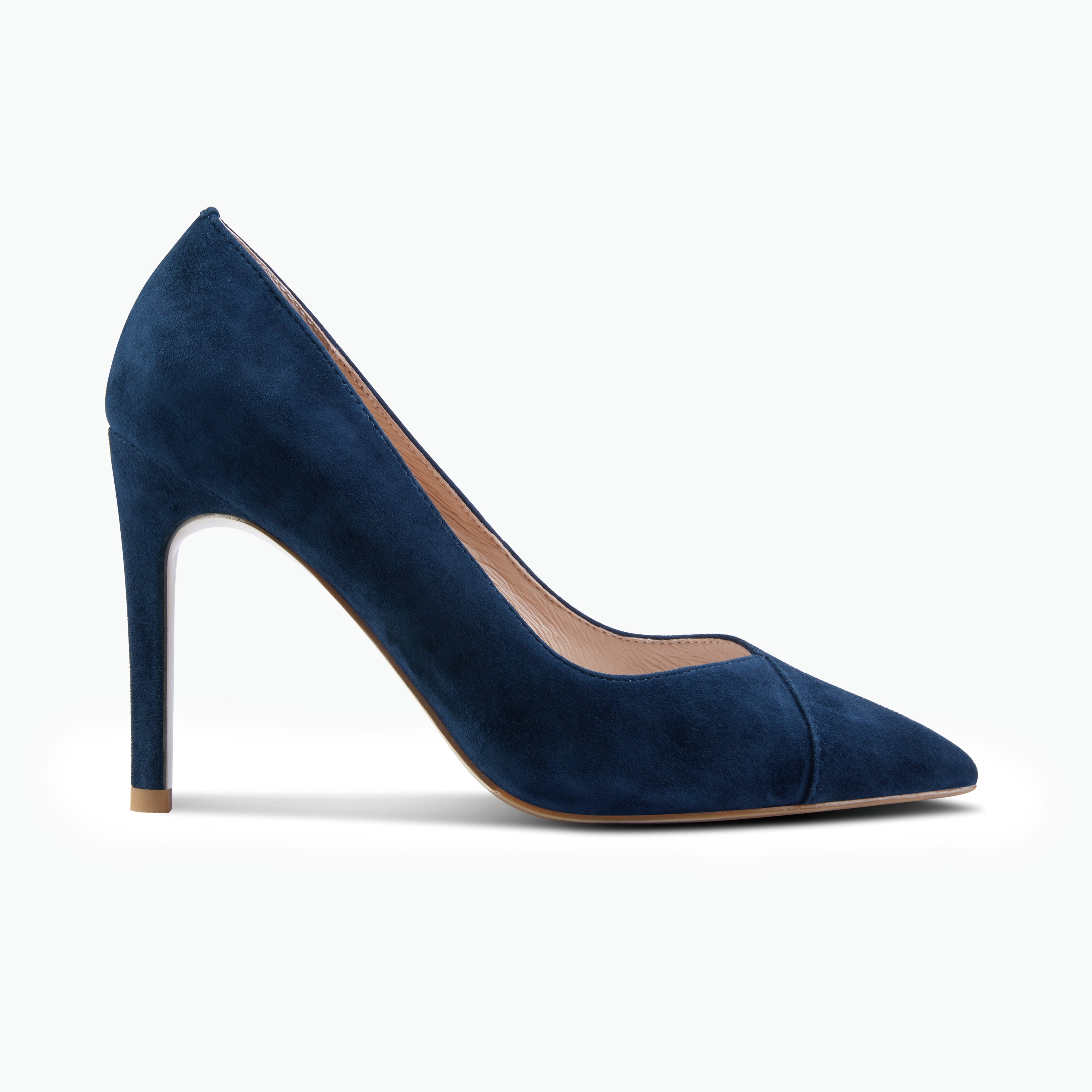 Naples navy suede pump with 95mm heel shown from the side