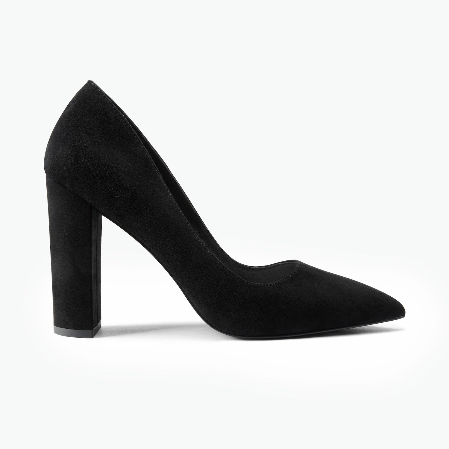 Black suede pointed toe high heel with block heel on a white bacjground.