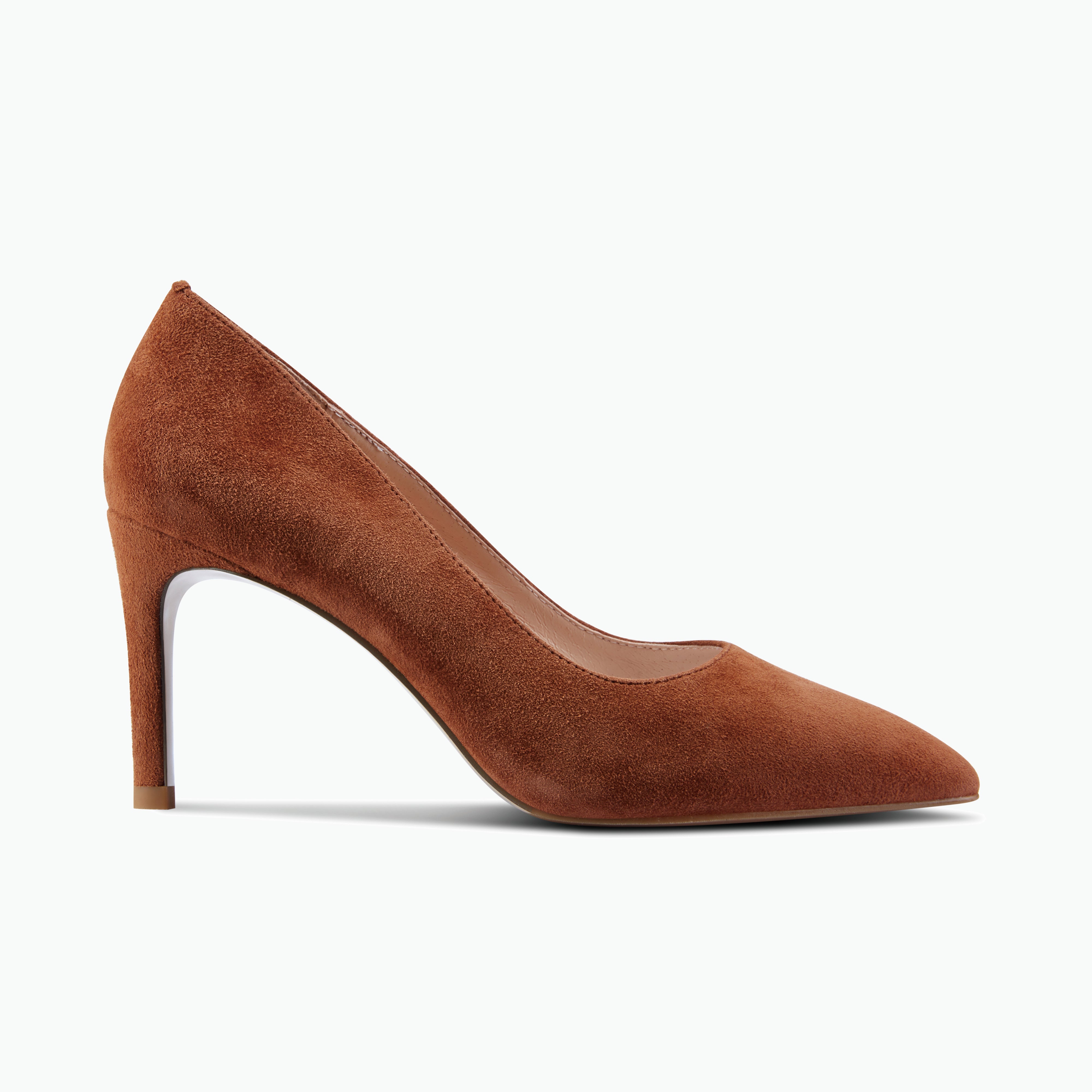 Nemesis rust suede pump with a 78mm stiletto heel shown form the side