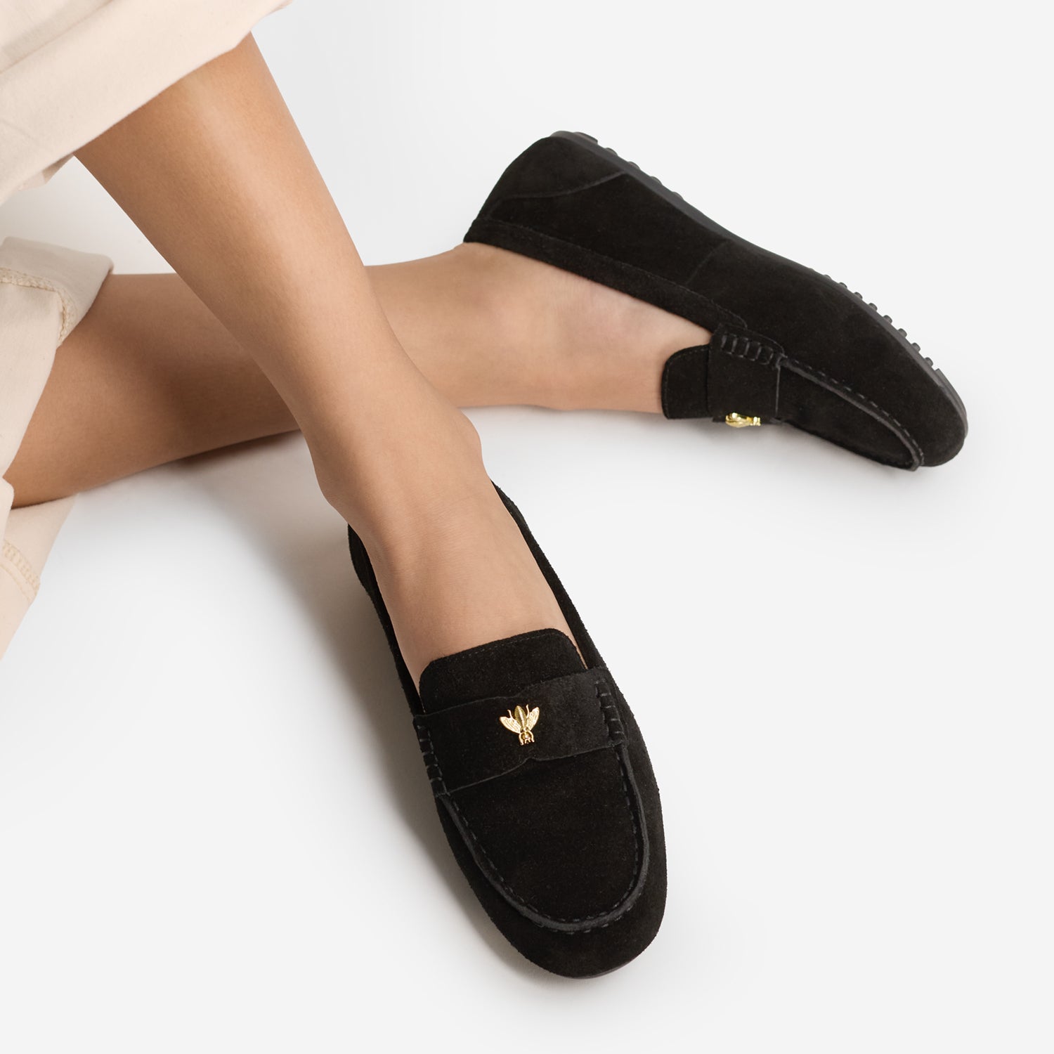 black suede loafer moccasins with gold bee stud