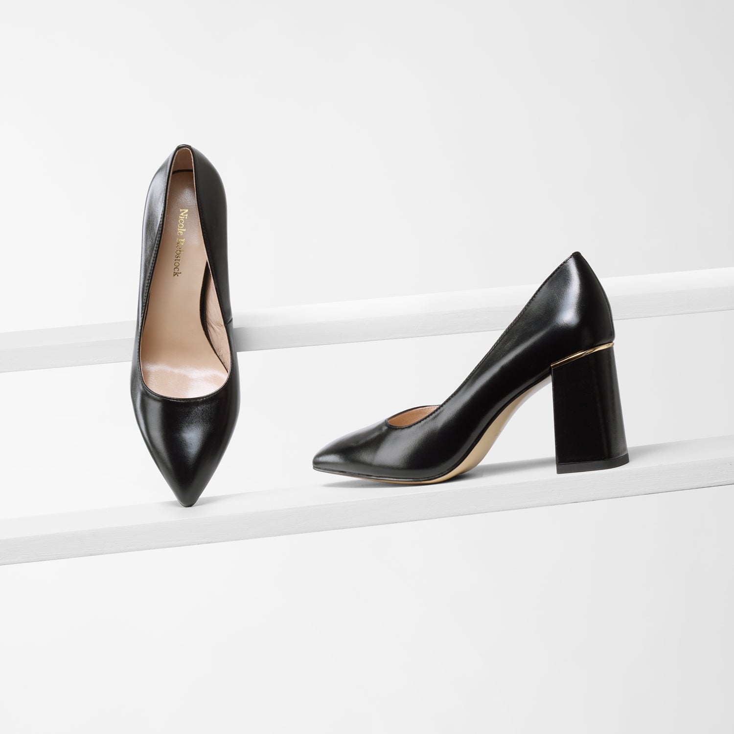 Nova black oil pump on planks showing gold line on heels