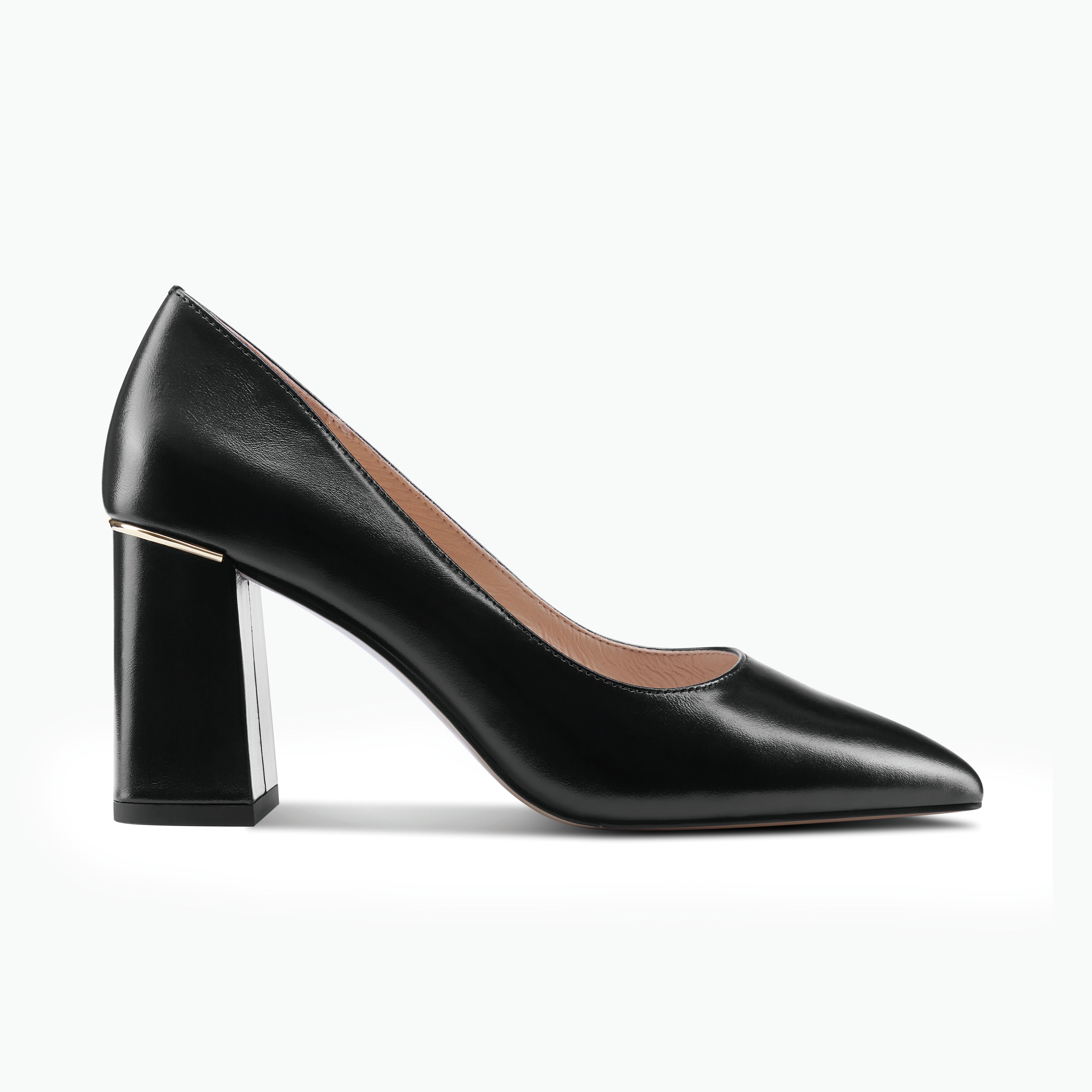 Side profile of black pump called Nova. Block heel. 7.8cm heel with pointed toe.