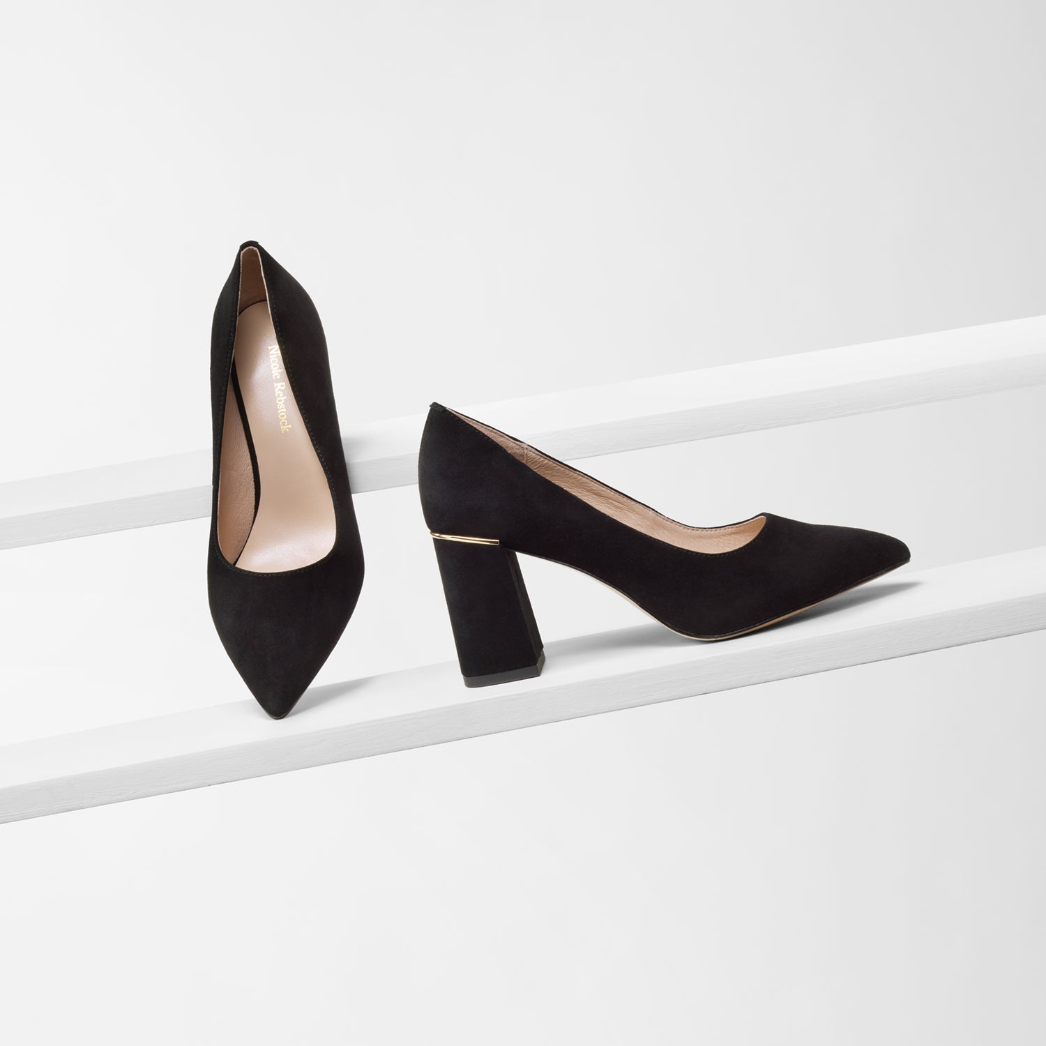 Nova black suede pumps on blacks showing all sides