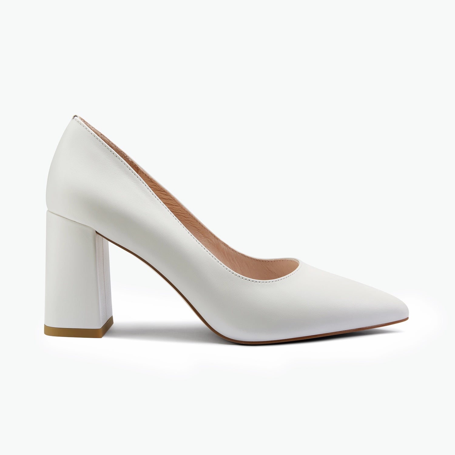 A white leather high-heeled pump with a pointed toe and a chunky block heel, shown in a side profile on a clean white background.