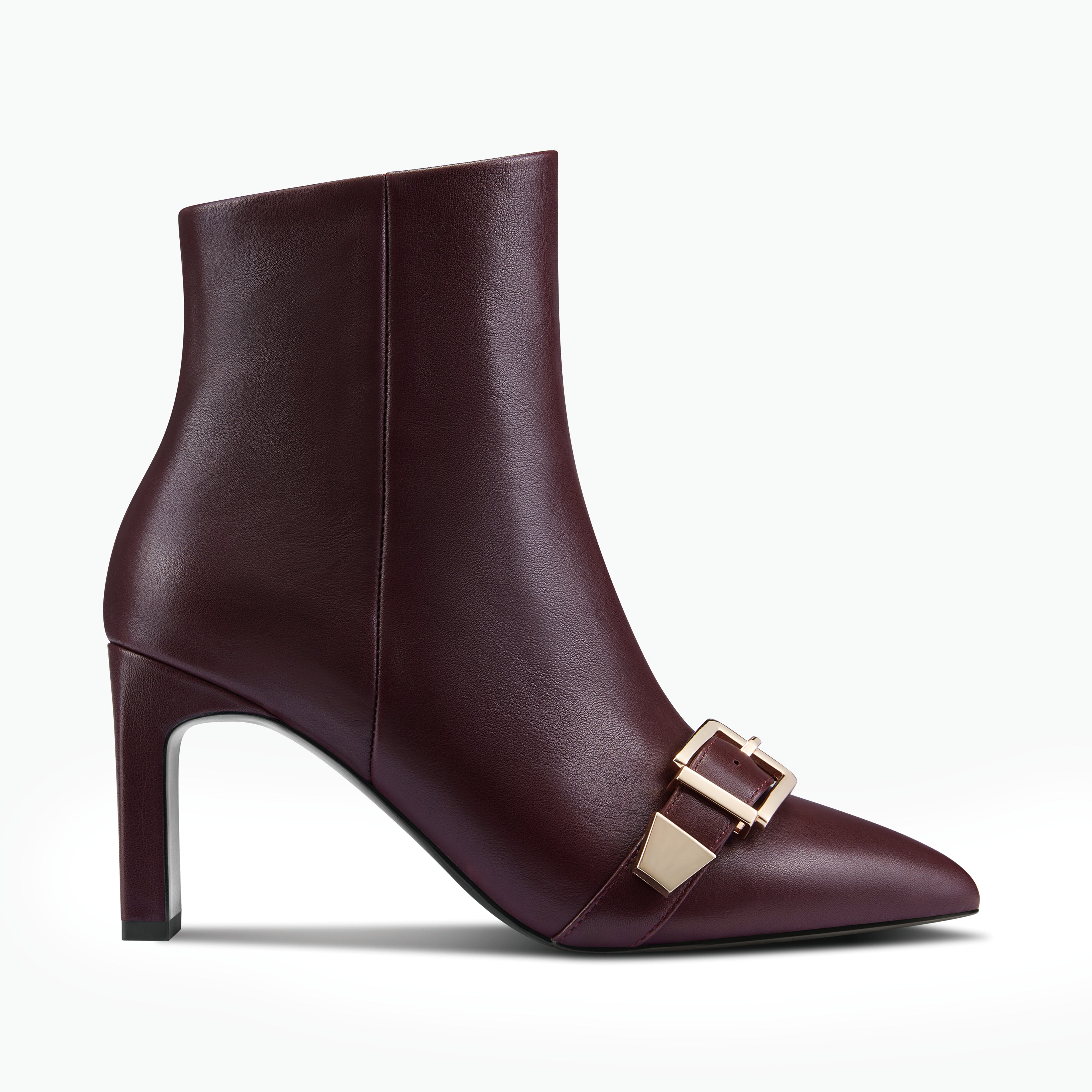 Rome ankle boot side profile in ox-blood colour with slim rectangle heel and gold buckle. 7.5cm heel.