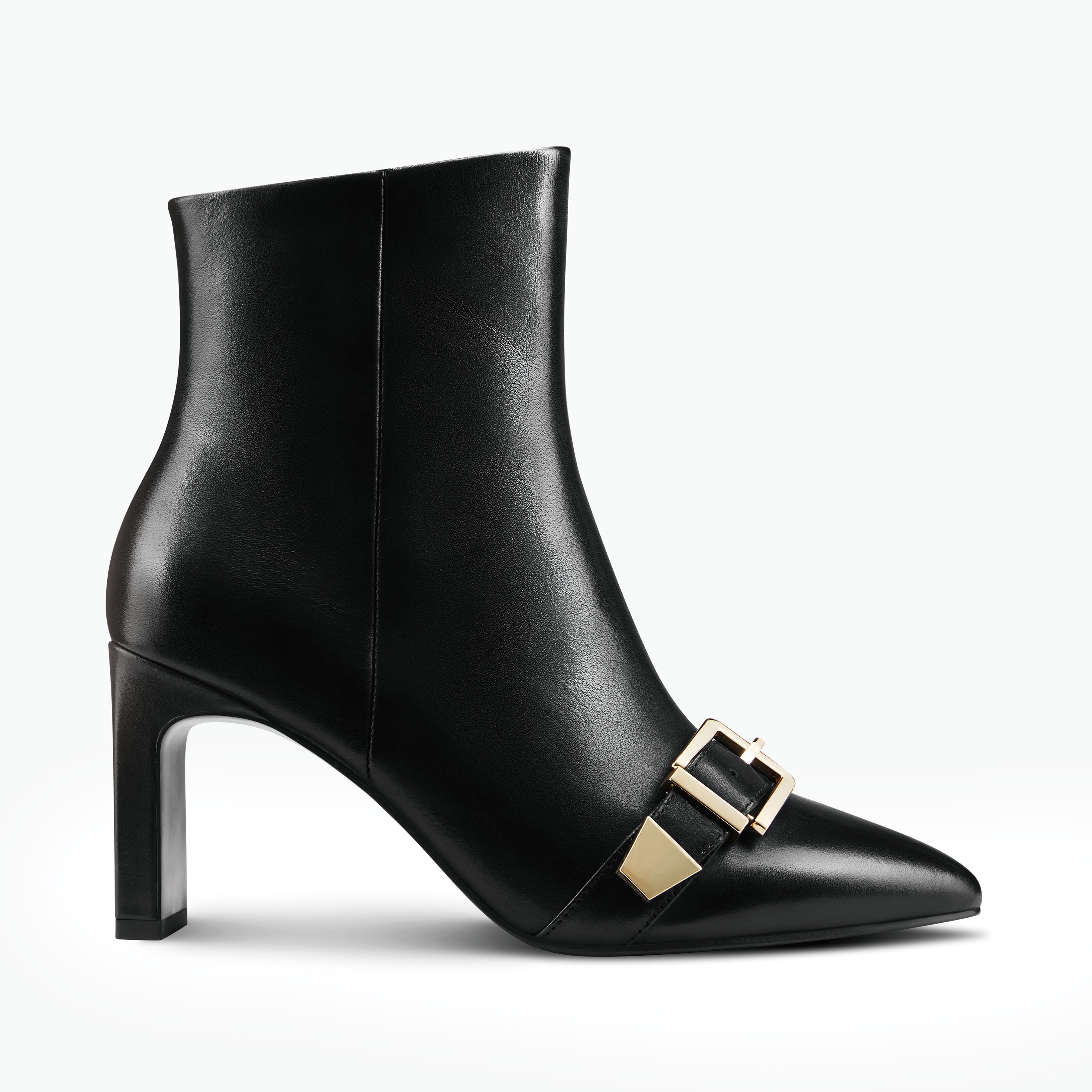 Rome black ankle boot side profile. 7.5cm heel and gold metal hardware.