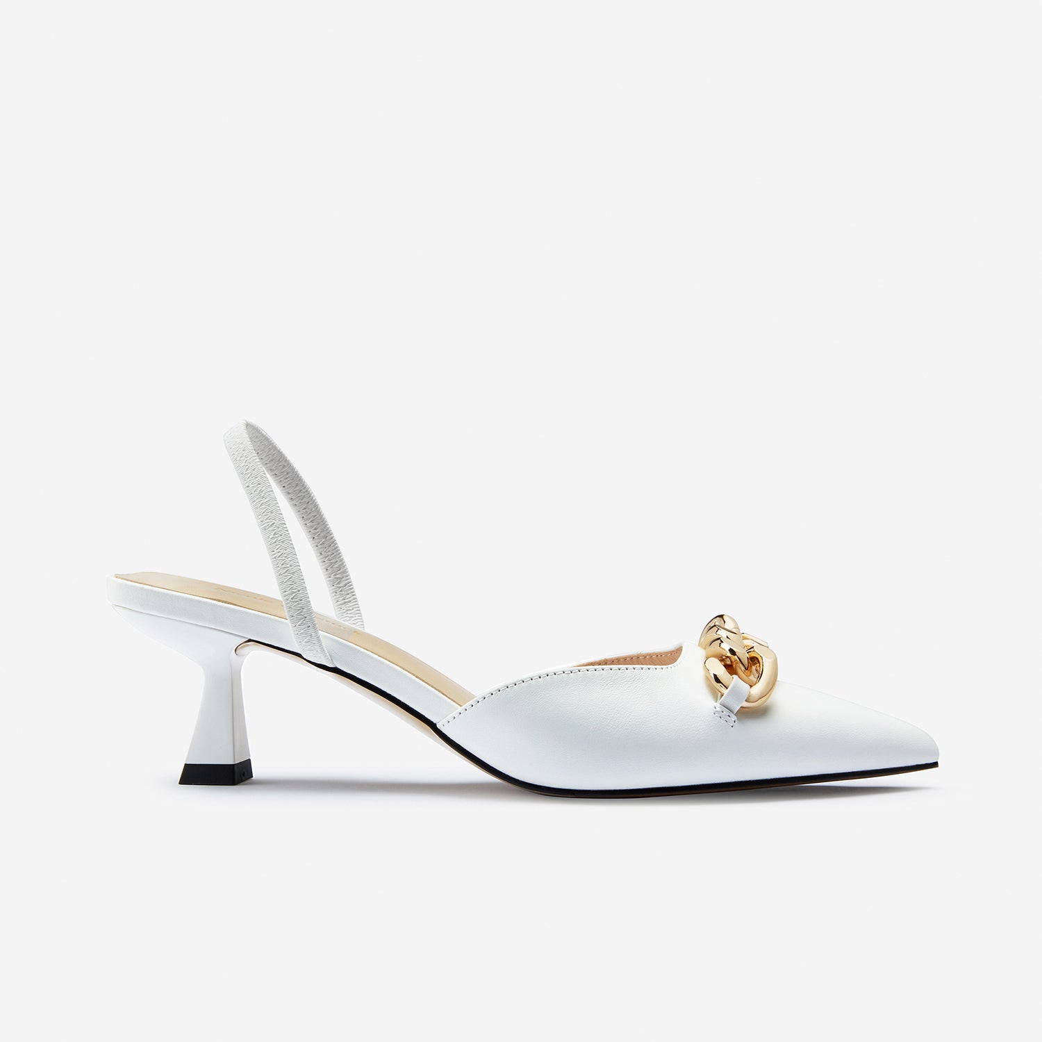 Side image of Sloane slingback heel in white leather. With a pointed toe and the heel is 6cm.